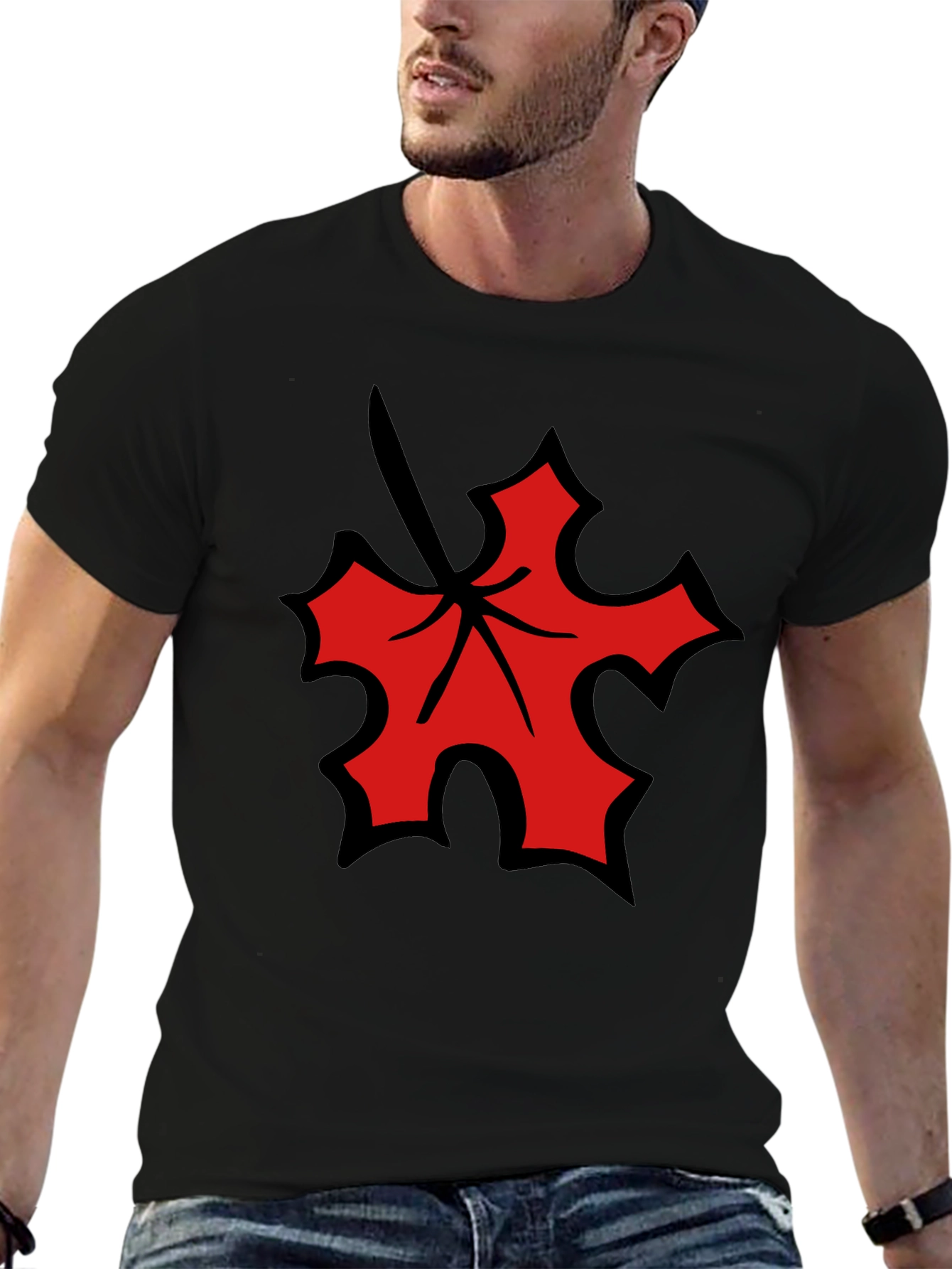 Black Red Leaf Graphic Black T-Shirt view 6