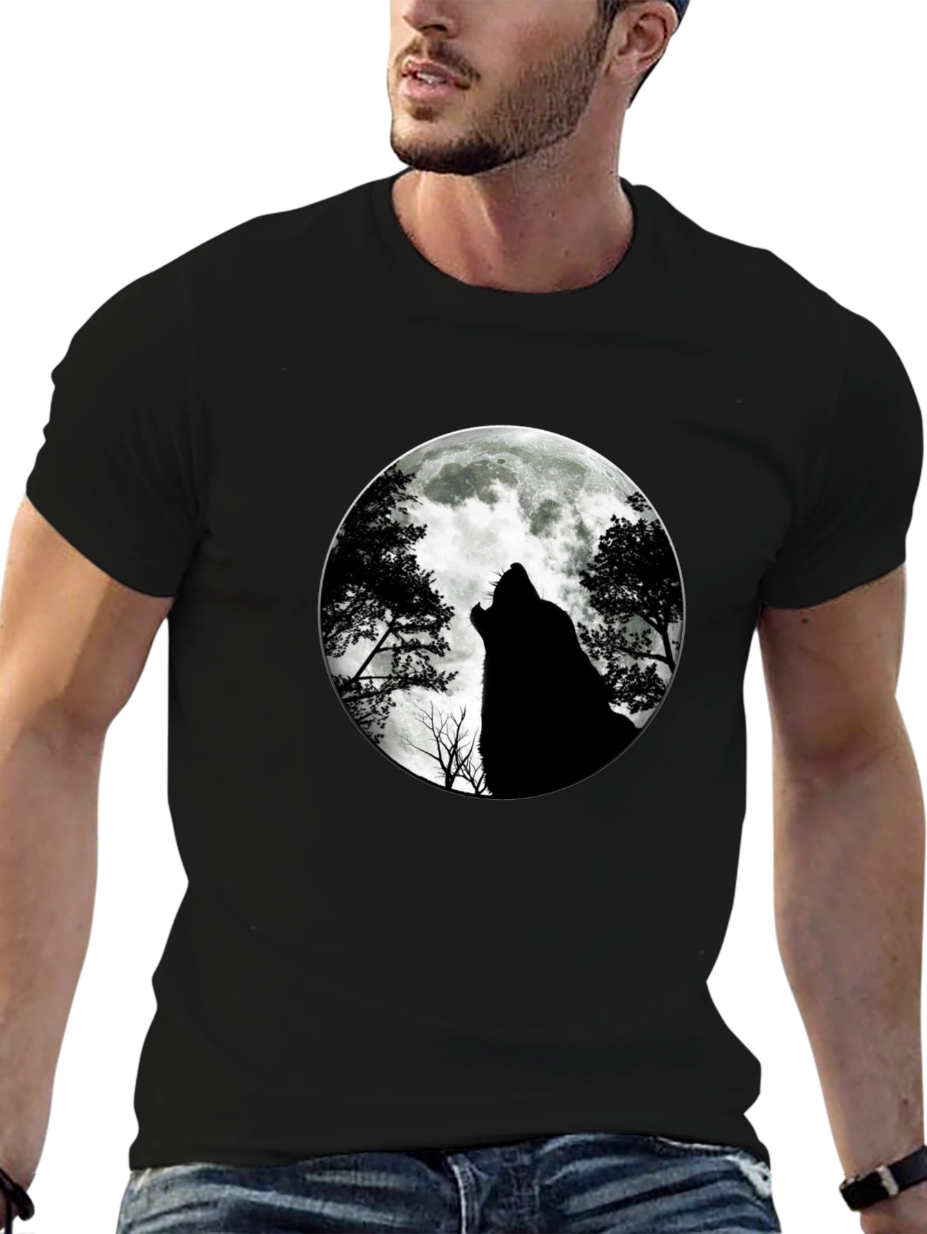 Black Wolf Moon Graphic Tee - Black Cotton T-Shirt view 6
