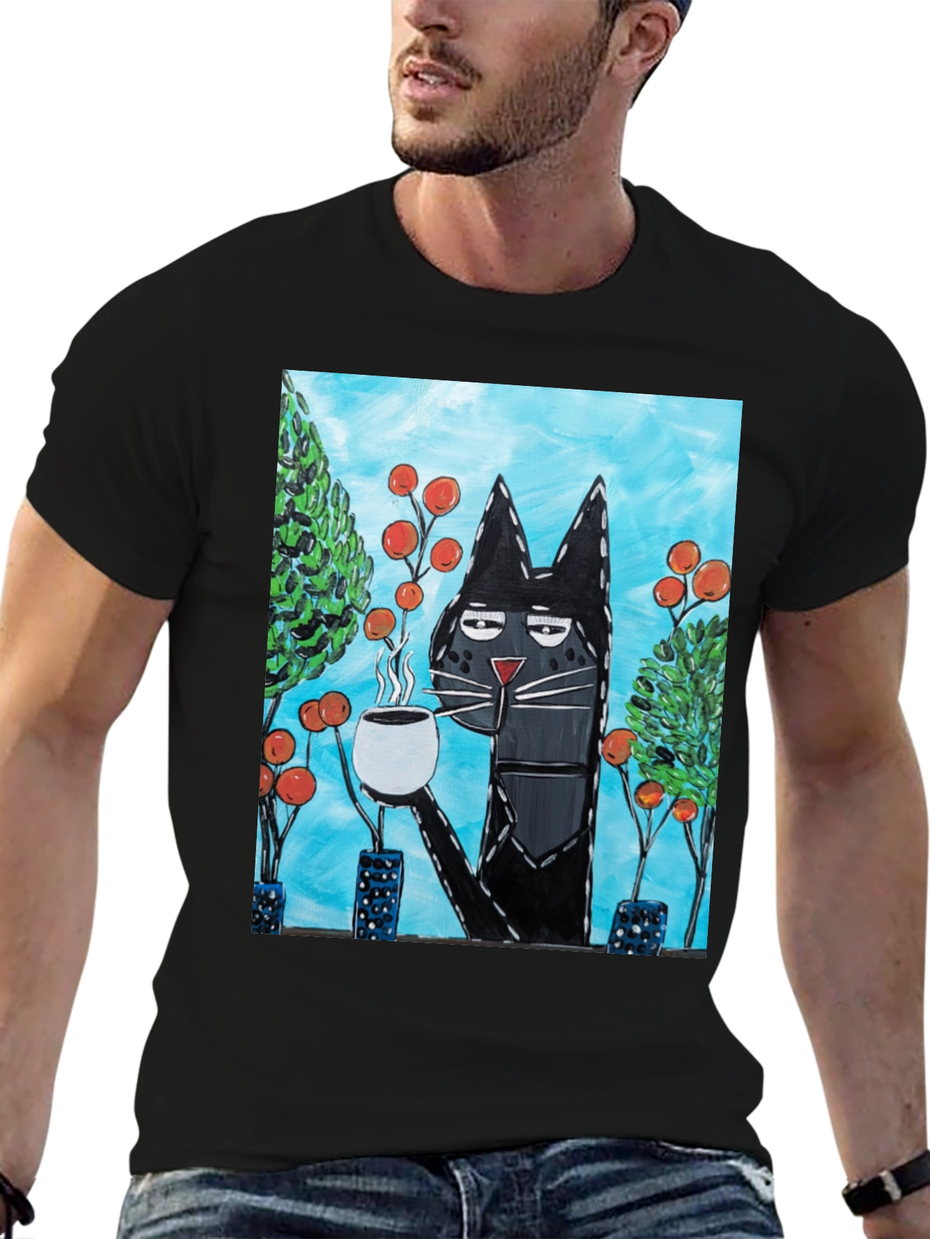 Black Cool Cat Sipping Coffee T-Shirt view 6