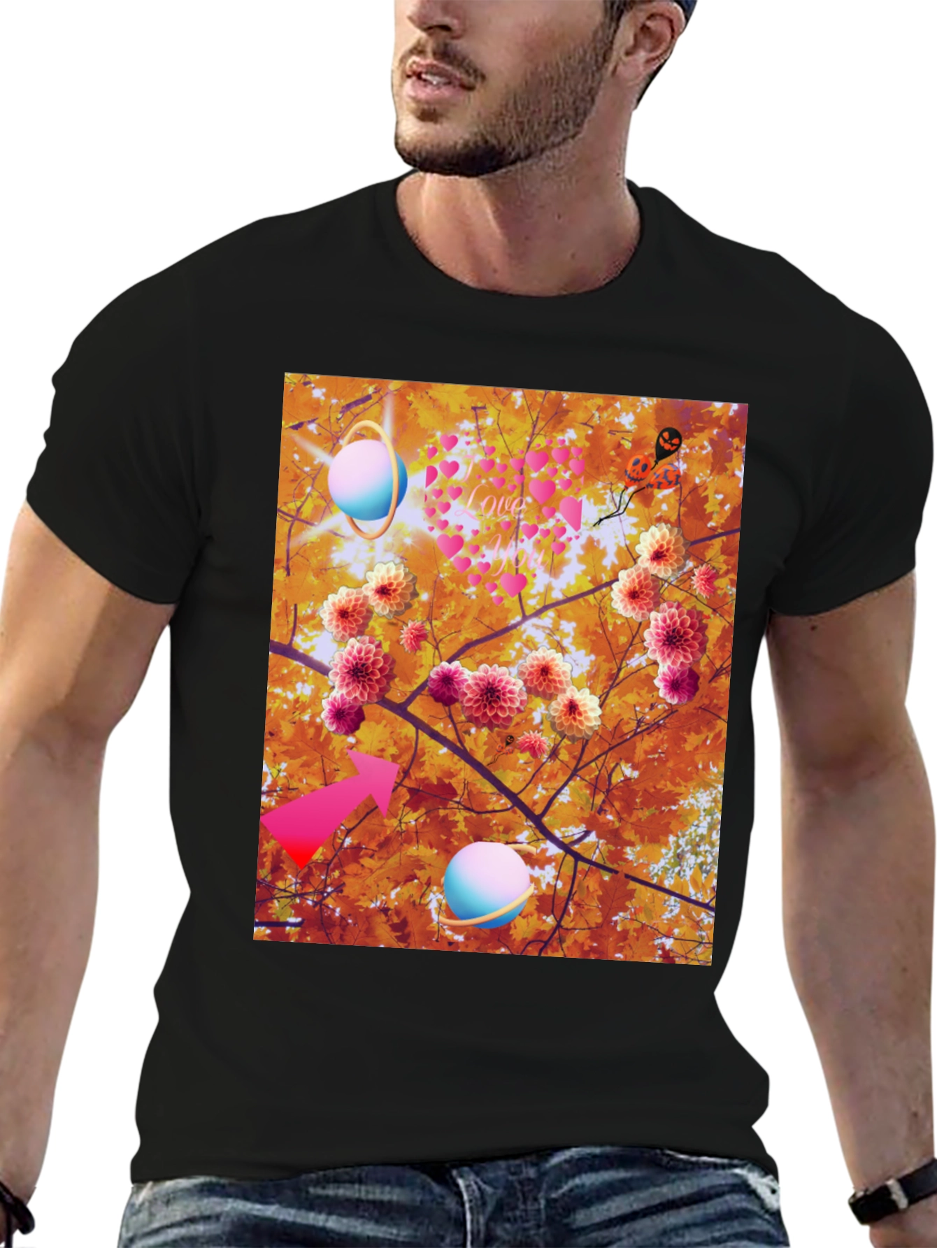 Black Artistic Graphic Tee: Floral Galaxy Love view 6