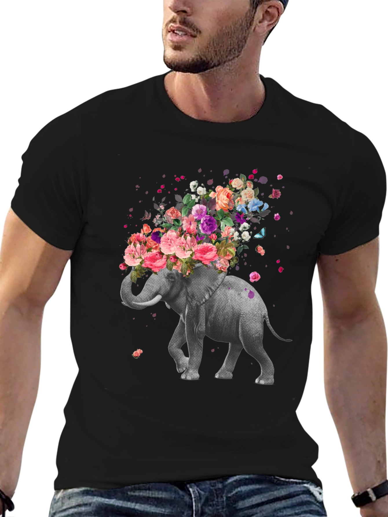 Black Floral Elephant T-Shirt - Unique Graphic Tee view 6