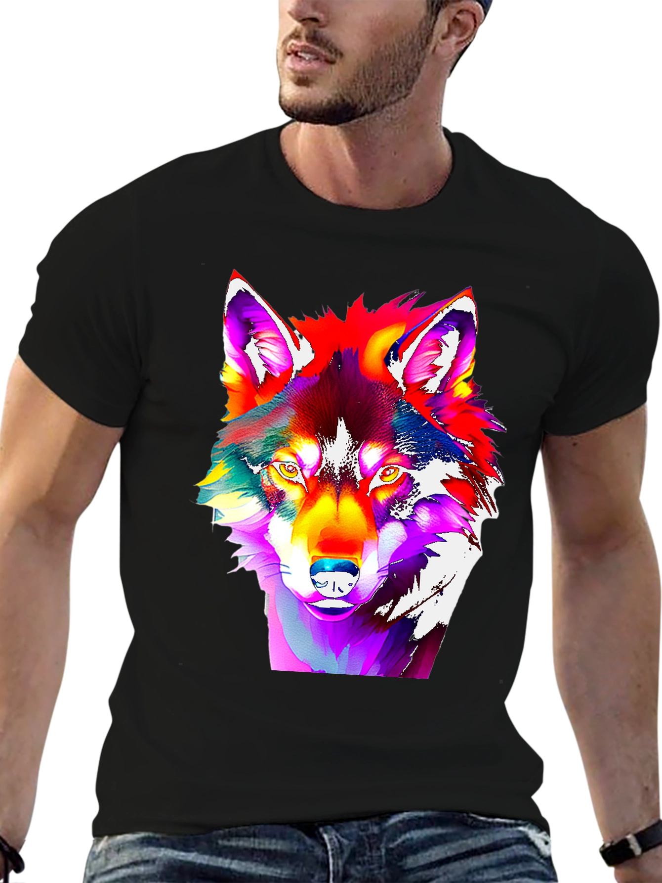 Black Vivid Wolf Graphic Tee - Bold Art Print view 6