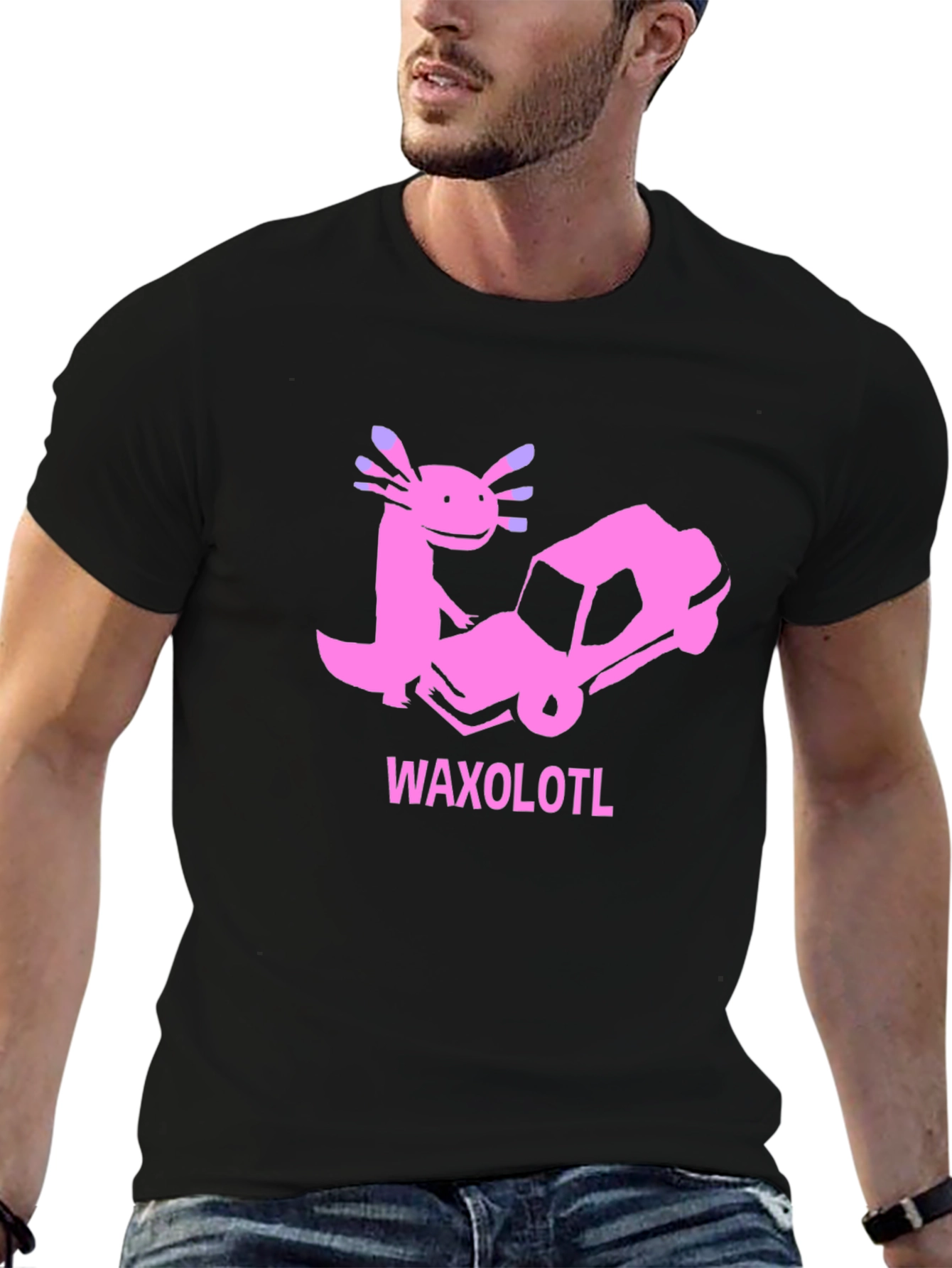 Black Axolotl Car T-Shirt: Funny Pink Cartoon Tee view 6