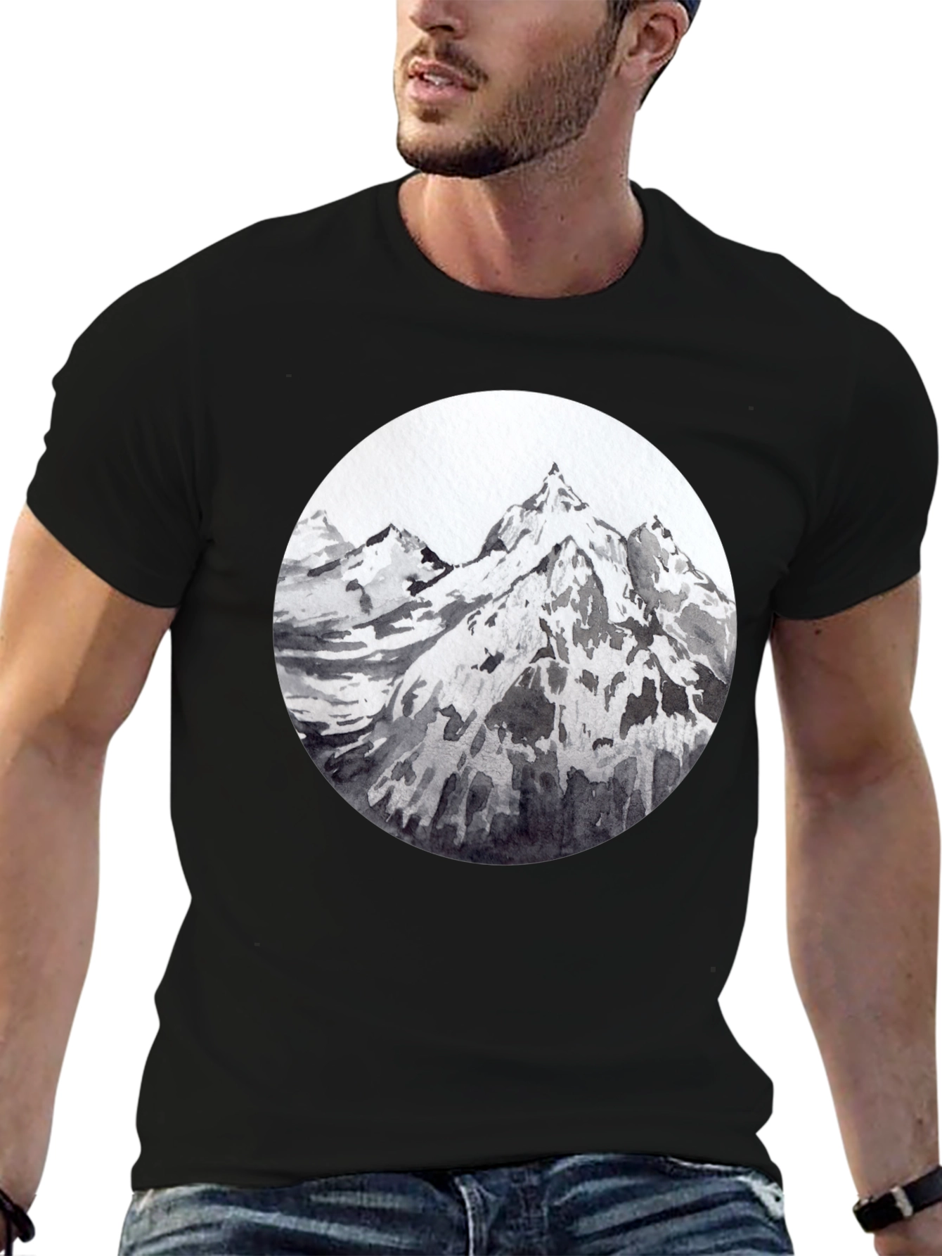 Black Mountain Peaks Graphic Tee - Black Cotton T-Shirt view 6