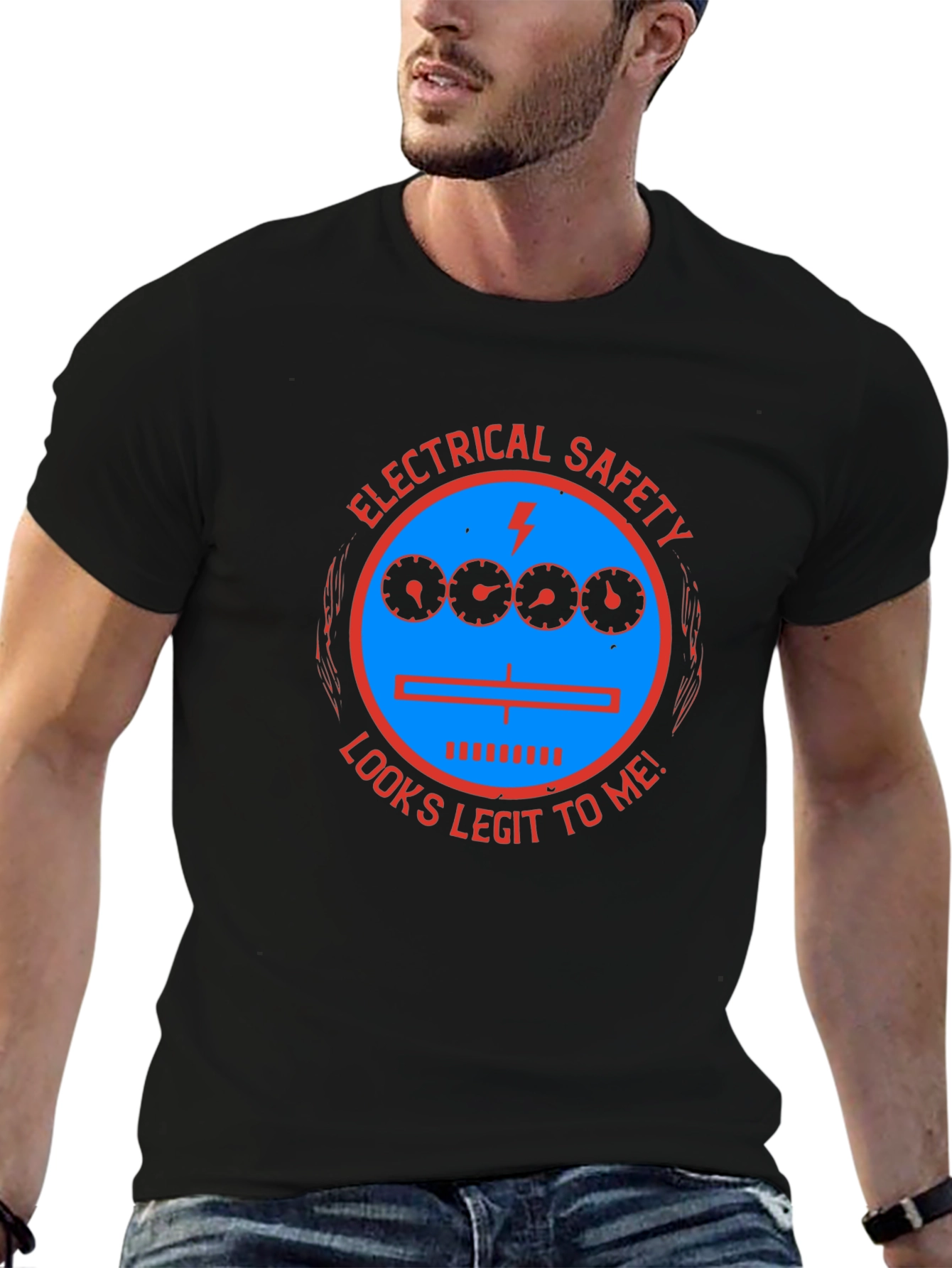 Black Electrical Safety Looks Legit T-Shirt view 6