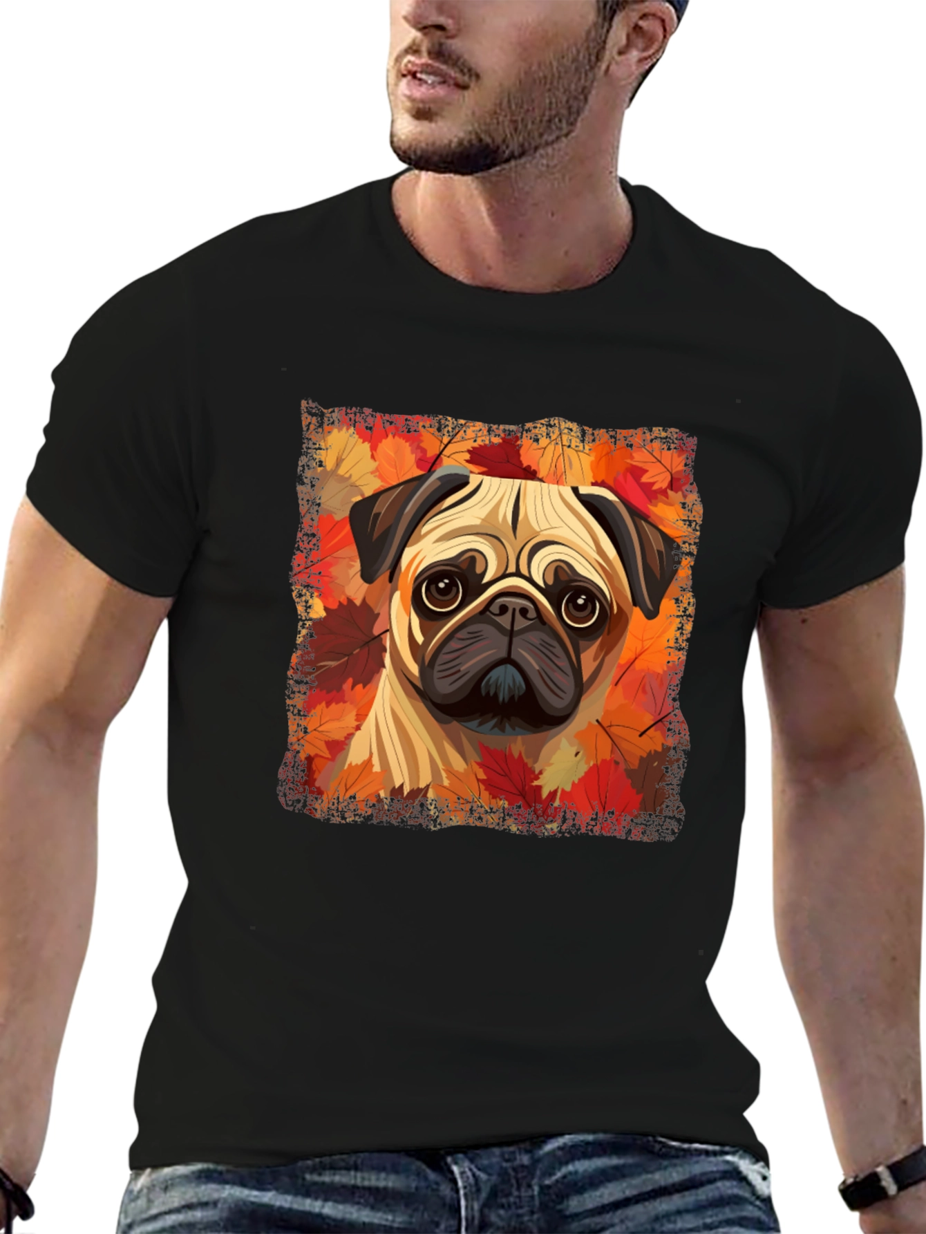 Black Pug in Autumn Leaves Graphic T-Shirt view 6