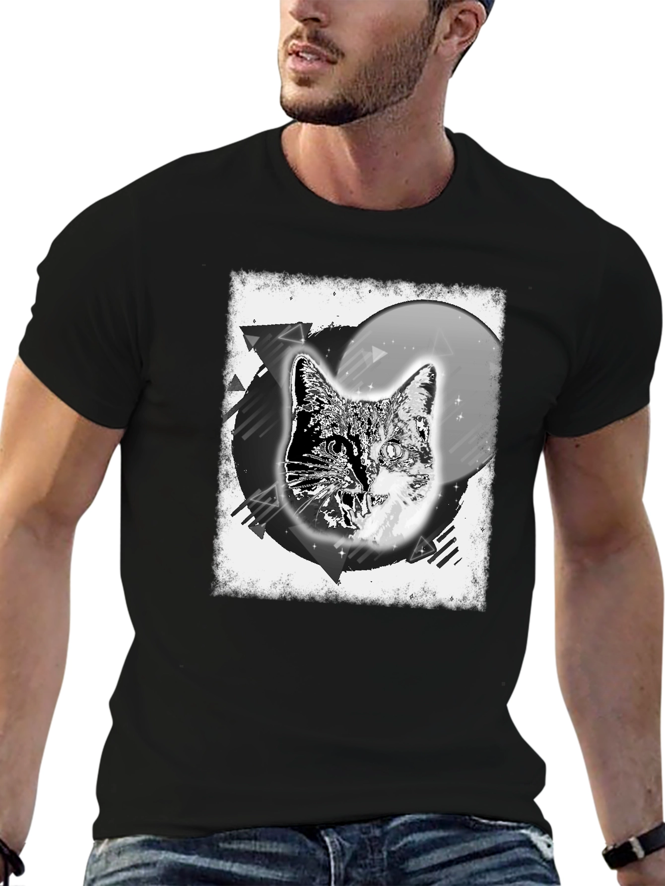 Black Cosmic Cat Graphic Tee - Black Cotton Blend view 6