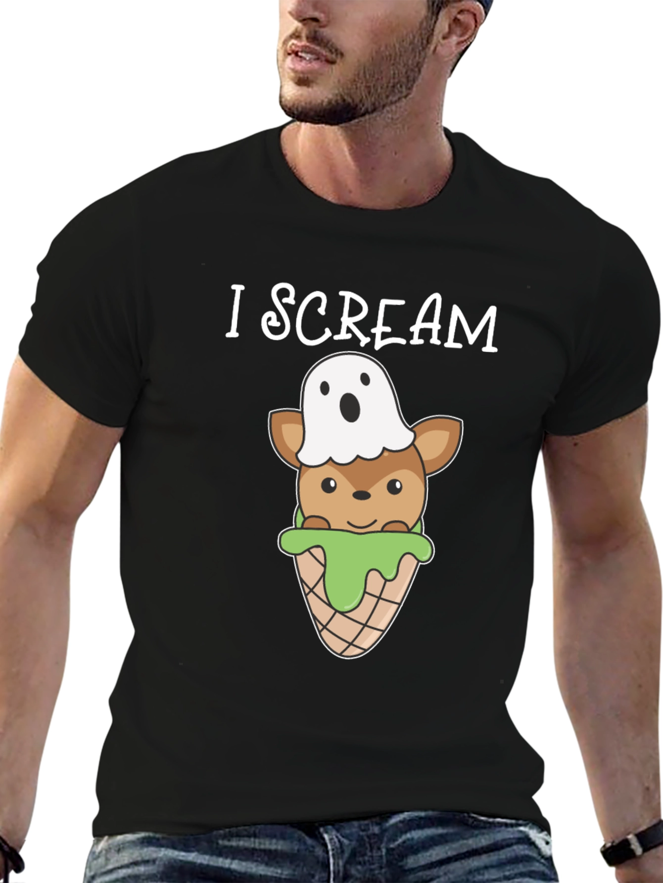 Black I Scream Deer Ghost Graphic T-Shirt view 6