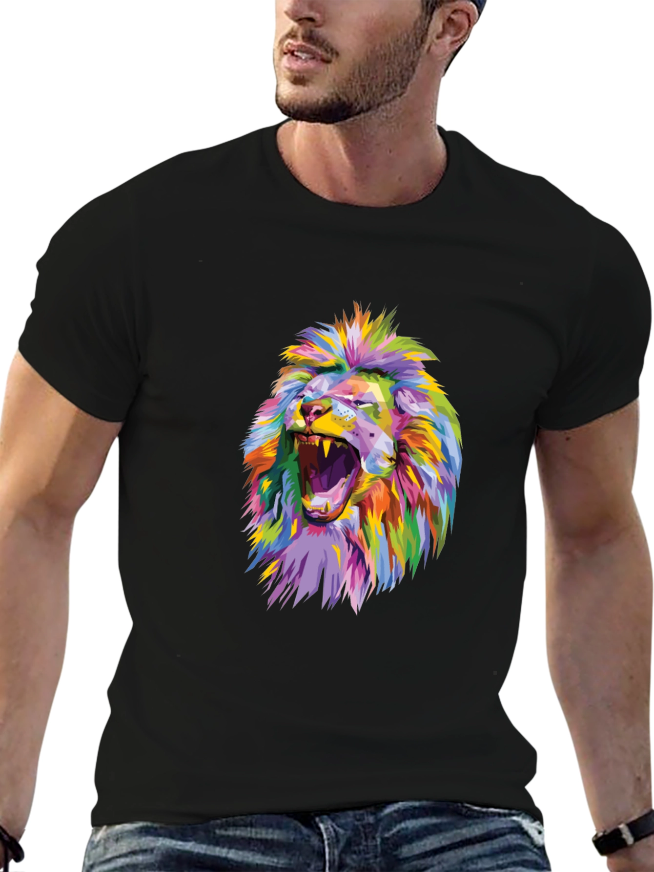 Black Colorful Lion Graphic Print Black T-Shirt view 6