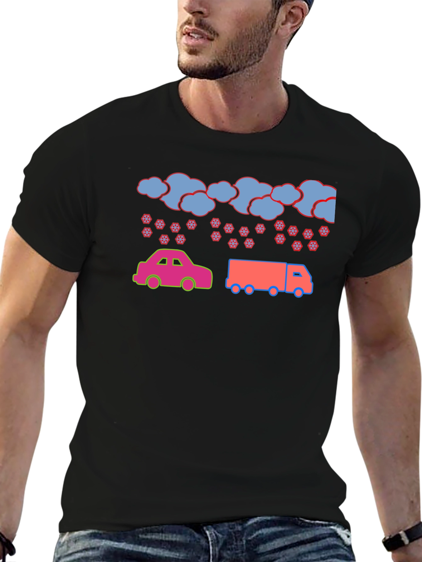 Black Cartoon Car & Truck Snow Day Black T-Shirt view 6