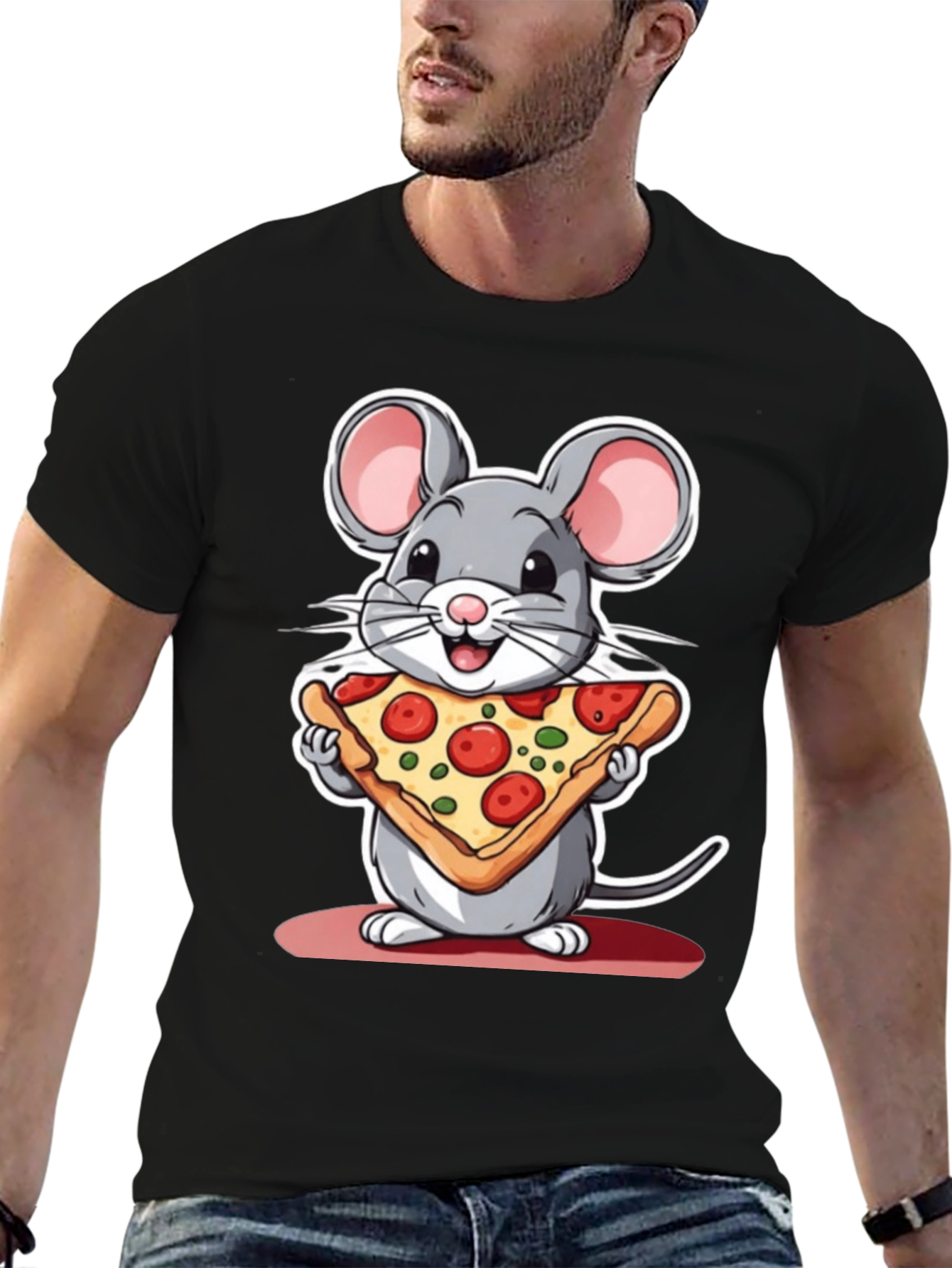 Black Cartoon Mouse Pizza Graphic Tee view 6