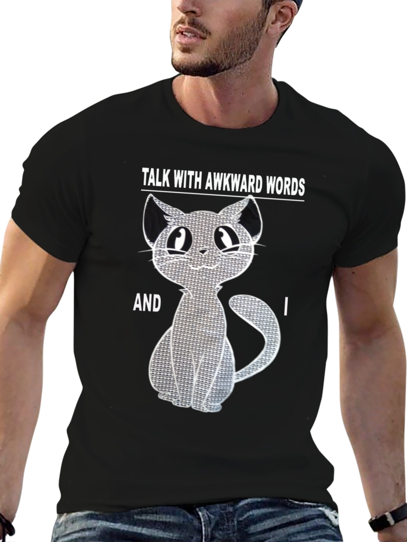 Black Awkward Words Cat T-Shirt - Black Cotton Blend Graphic Tee view 6