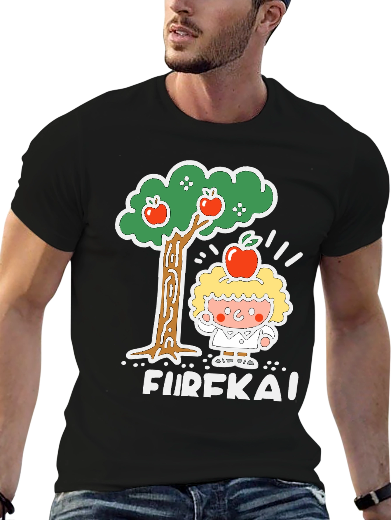 Black Eureka Apple Cartoon Graphic Black T-Shirt view 6