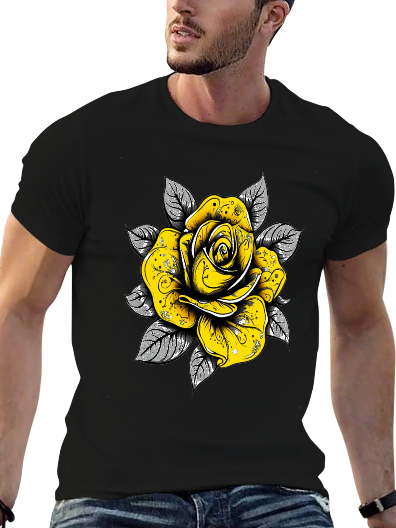 Black Rose Graphic Tee - Sleek Black Cotton T-Shirt view 6