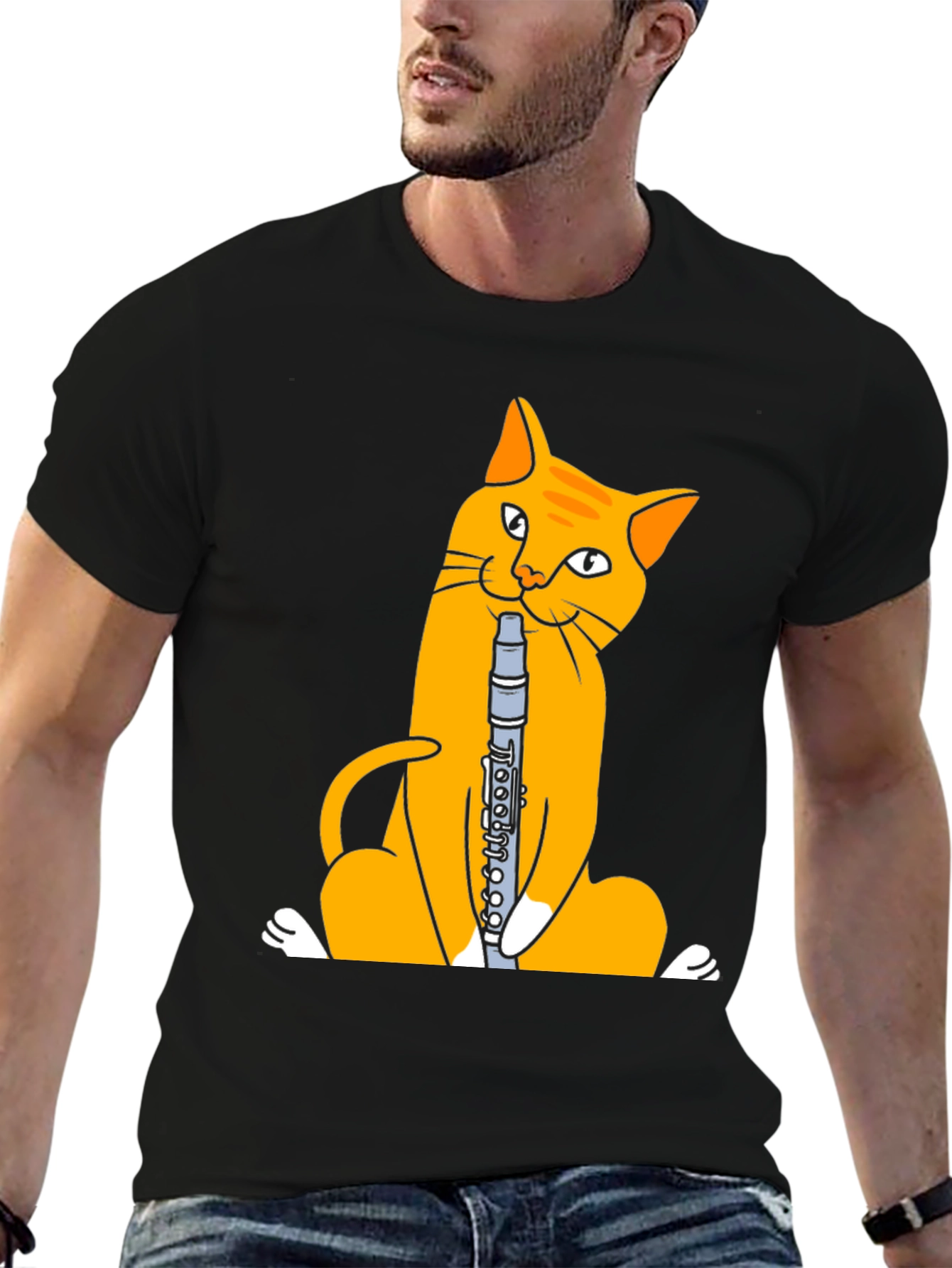 Black Cat Playing Clarinet T-Shirt - Black Cotton Tee view 6