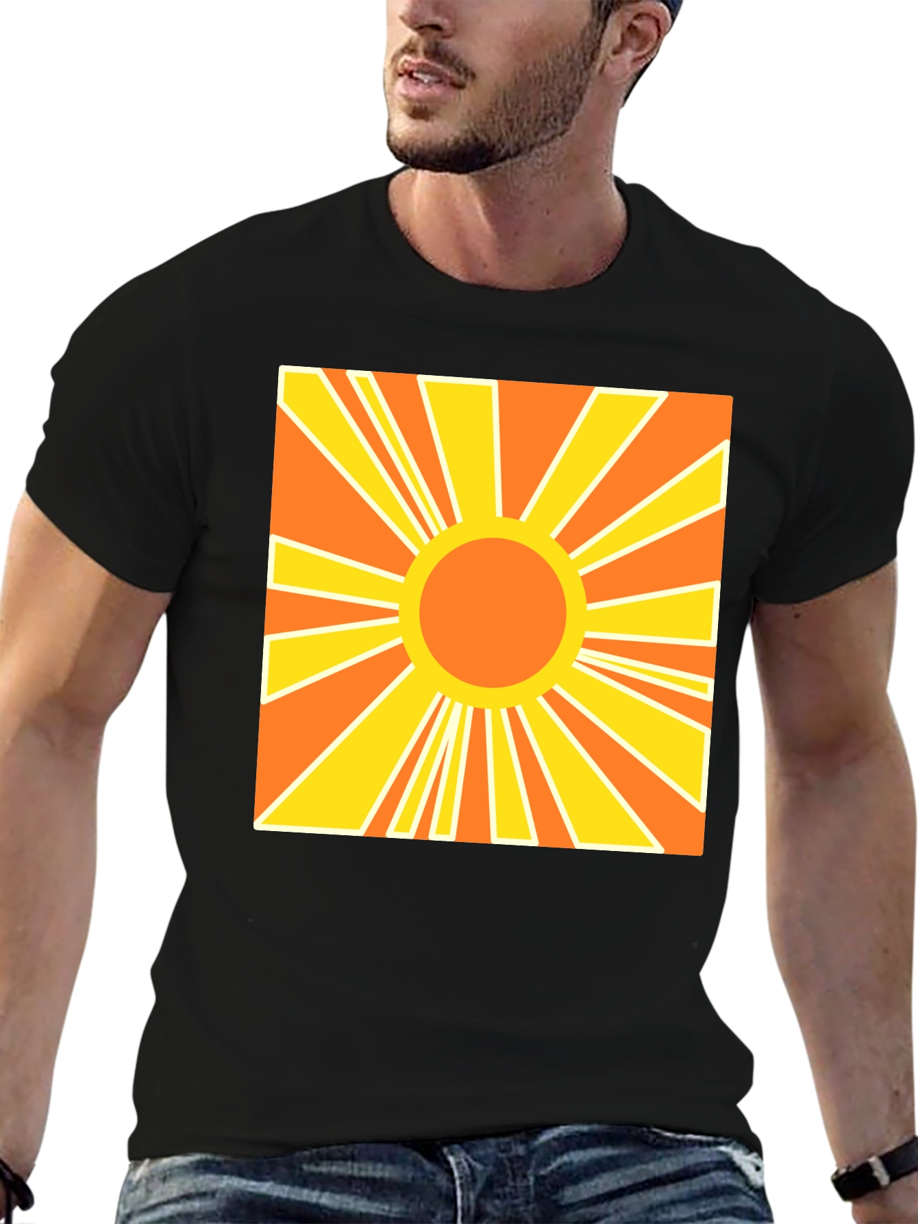 Black Retro Sunburst Graphic Tee - Black Cotton T-Shirt view 6