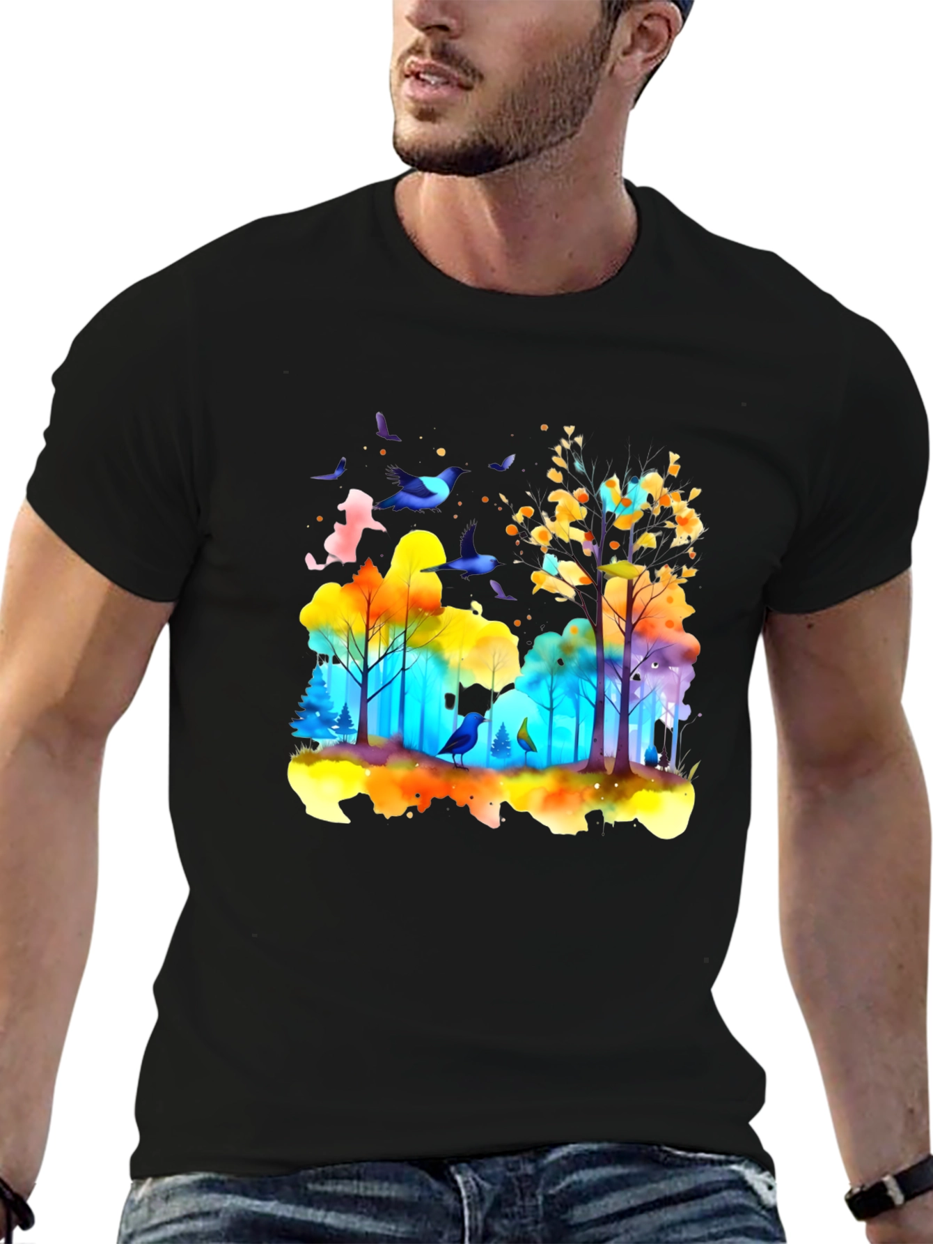 Black Watercolor Forest Birds T-Shirt view 6