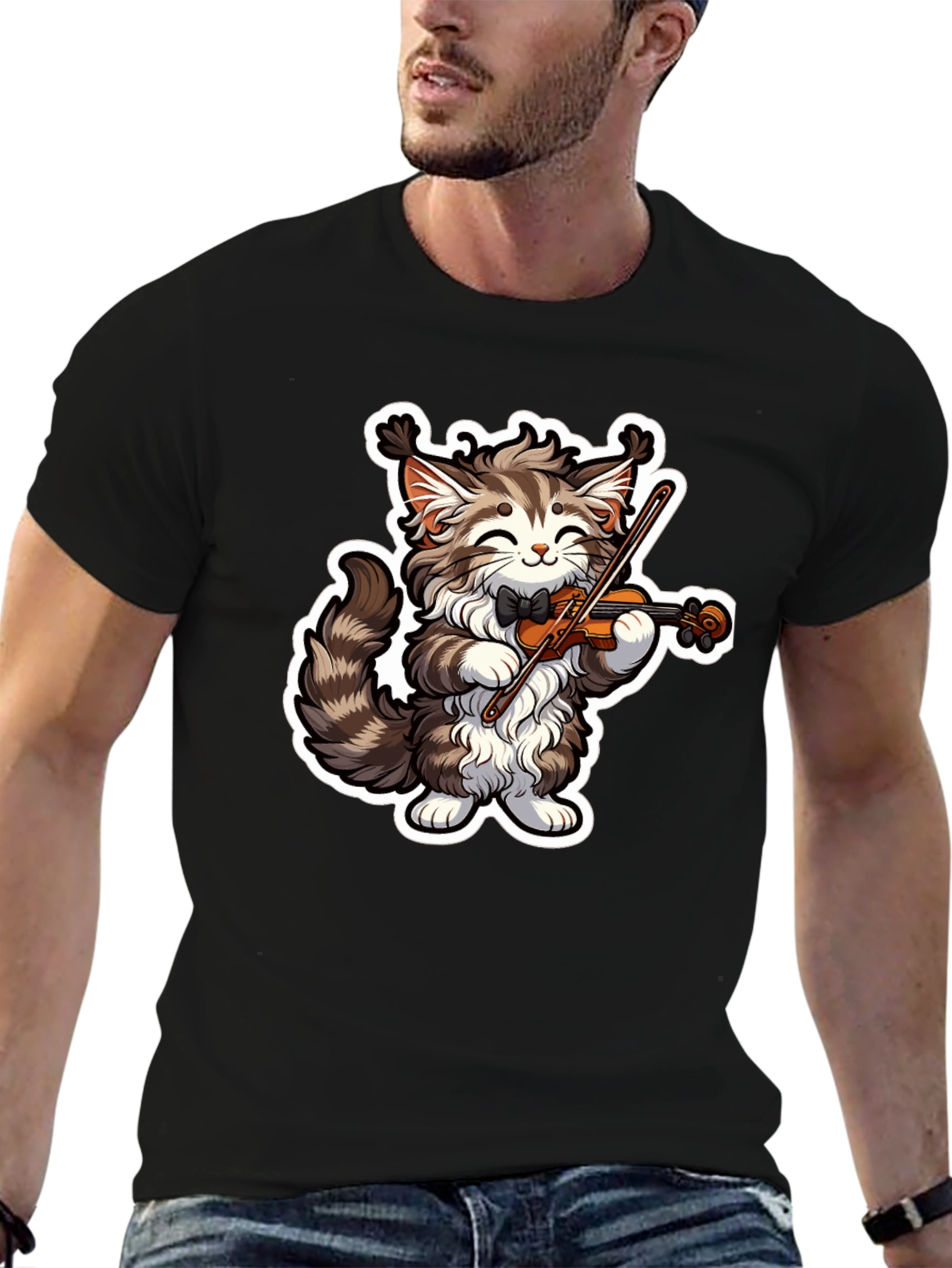Black Musical Cat T-Shirt - Violin Playing Kitten Tee view 6