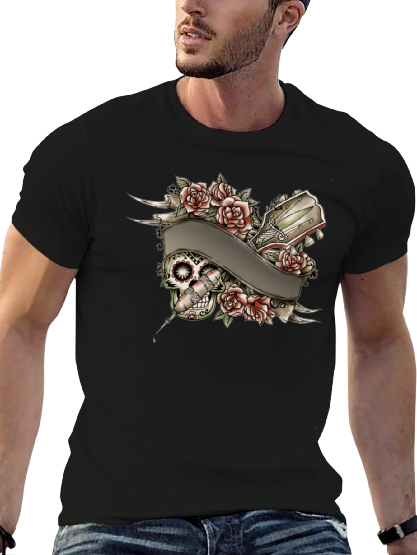 Black Skull Roses Tattoo Style Graphic Tee view 6
