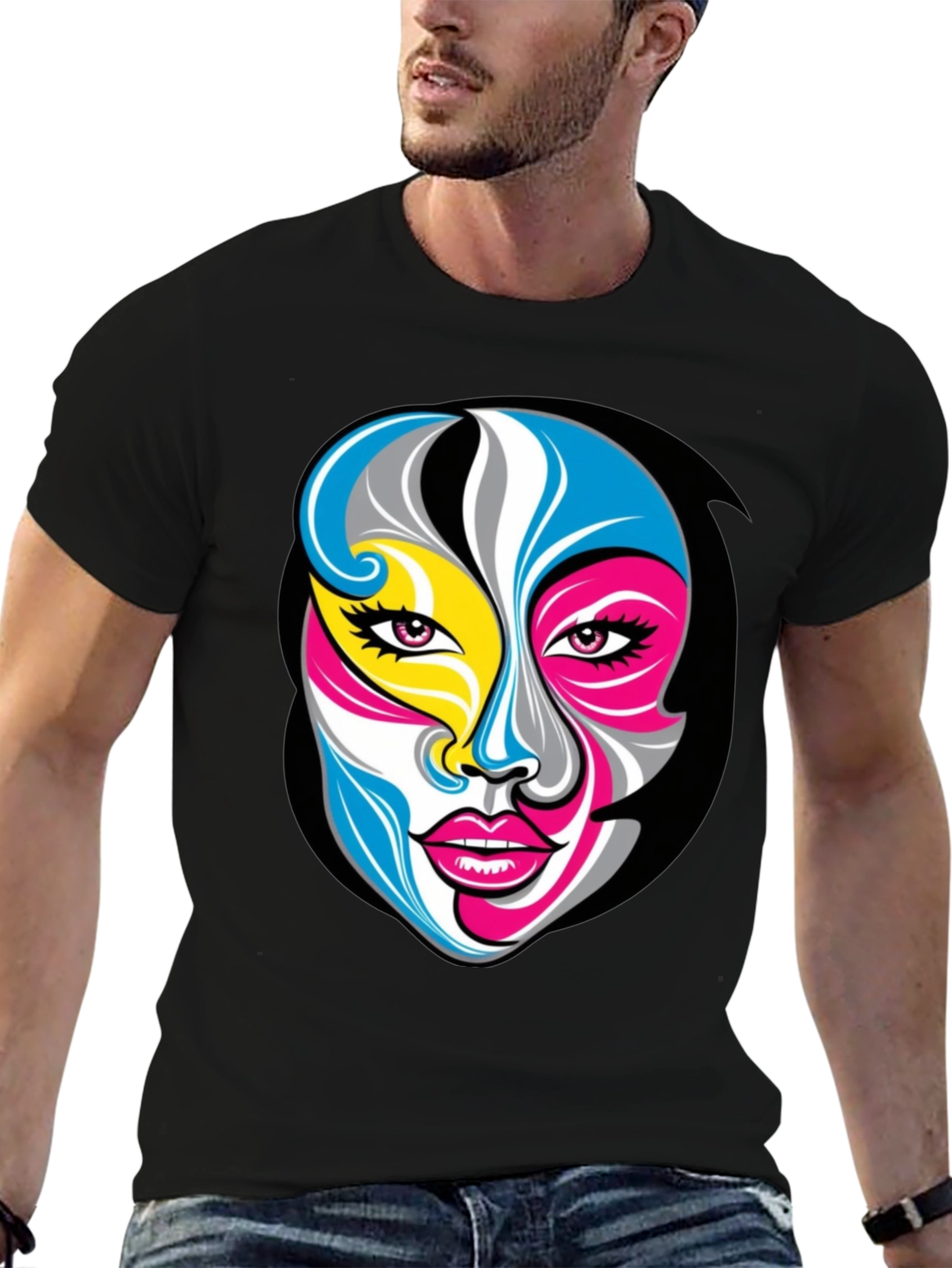 Black Abstract Face Graphic Tee - Unisex Black T-Shirt view 6