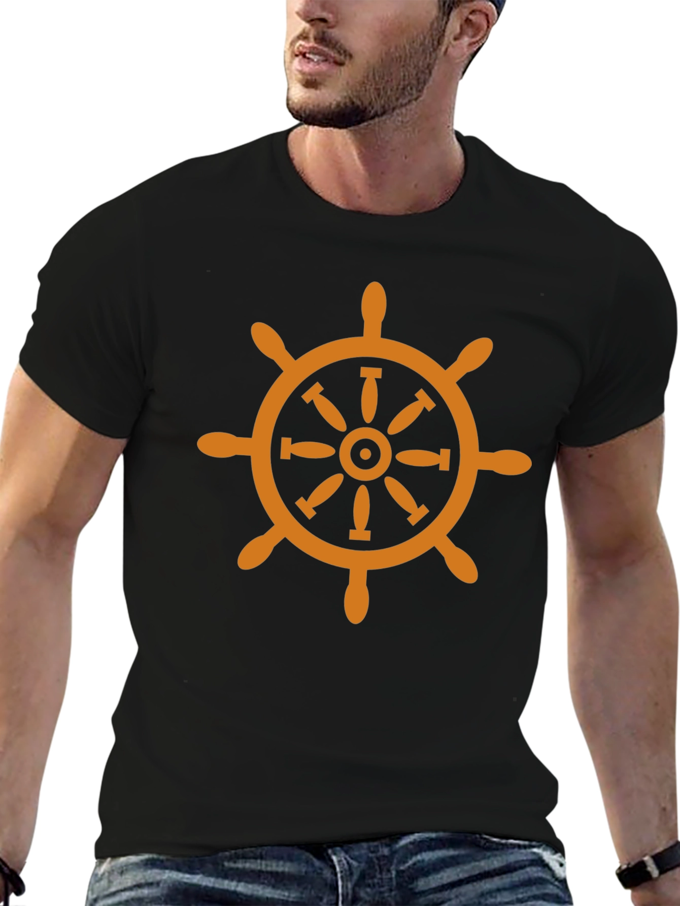 Black Nautical Wheel Graphic T-Shirt - Classic Design view 6