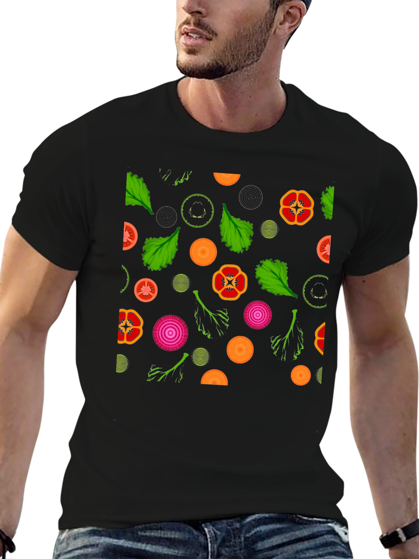 Black Vegetable Pattern T-Shirt - Black view 6