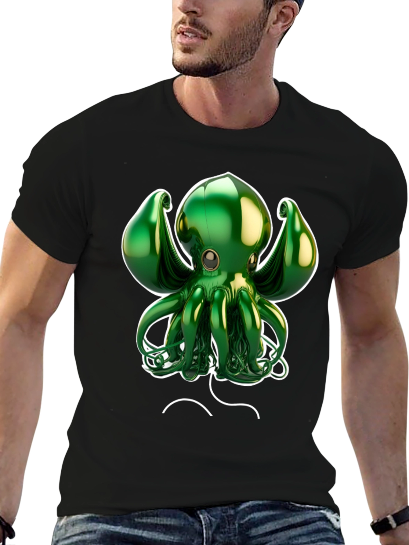 Black Green Octopus Graphic Tee - Black Cotton Blend view 6