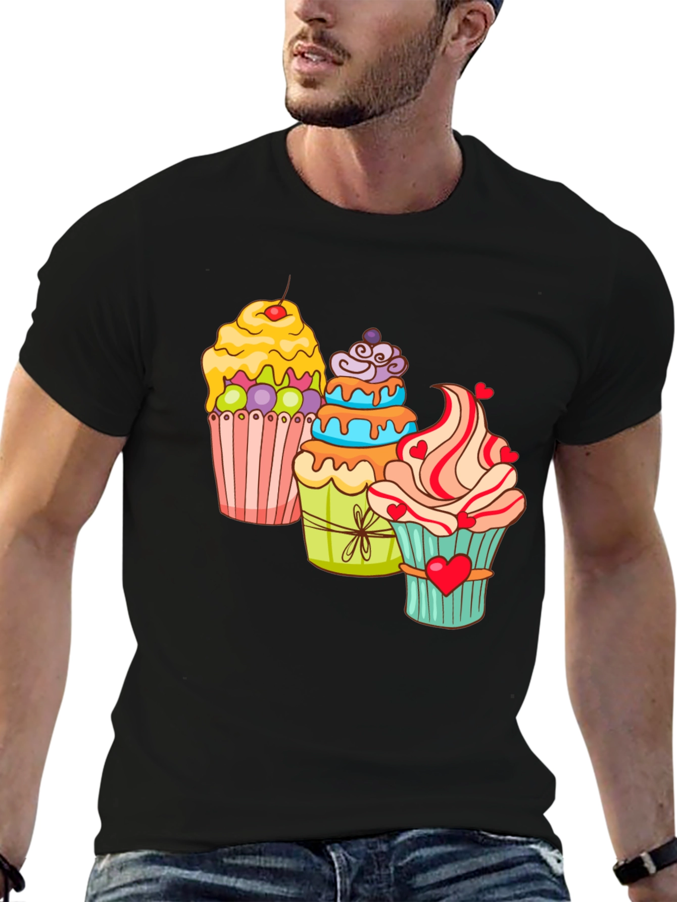 Black Cupcake T-Shirt Black Cotton Short Sleeve Dessert Lover view 6