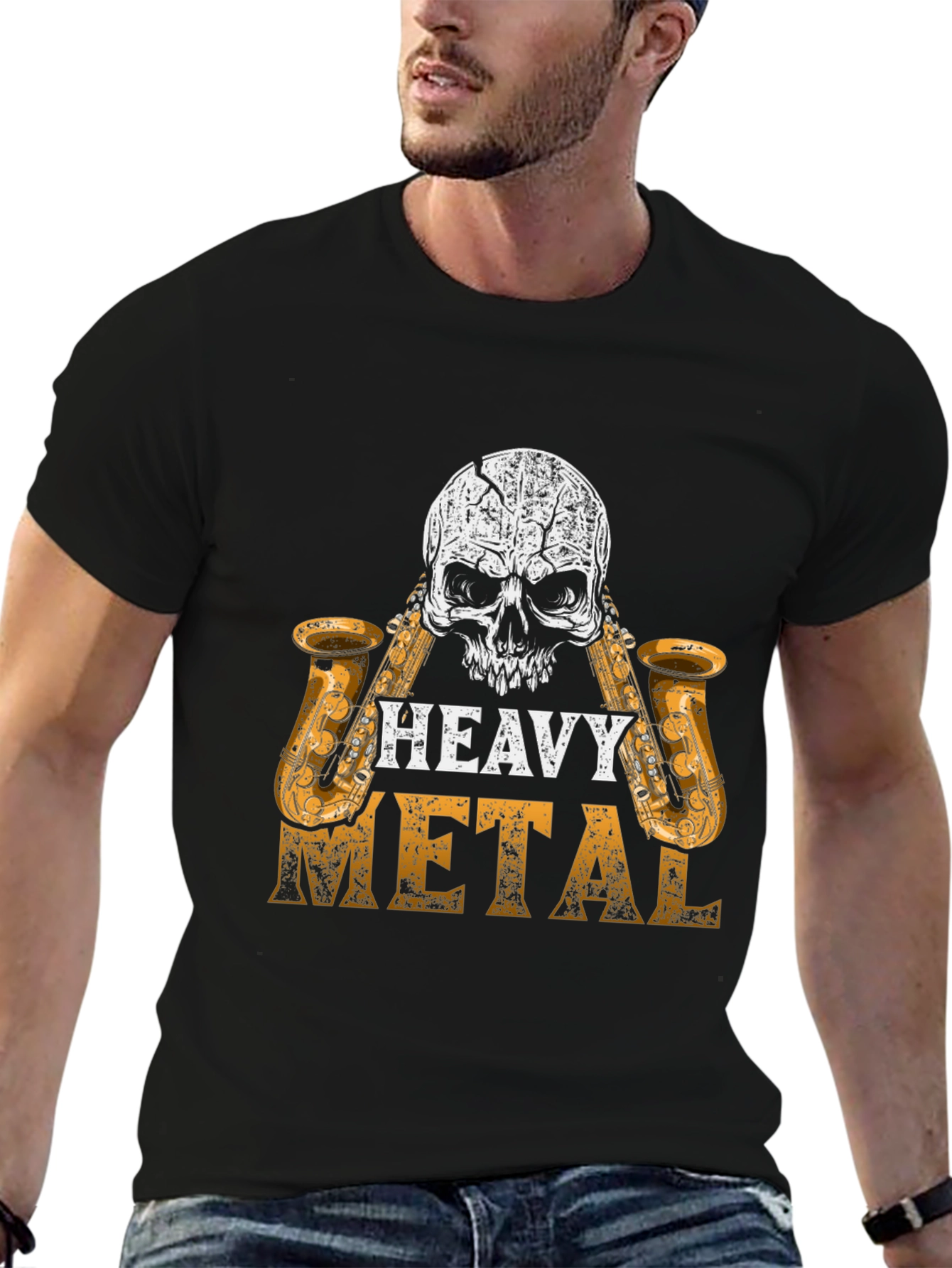 Black Heavy Metal Skull Saxophone Graphic Black T-Shirt view 6