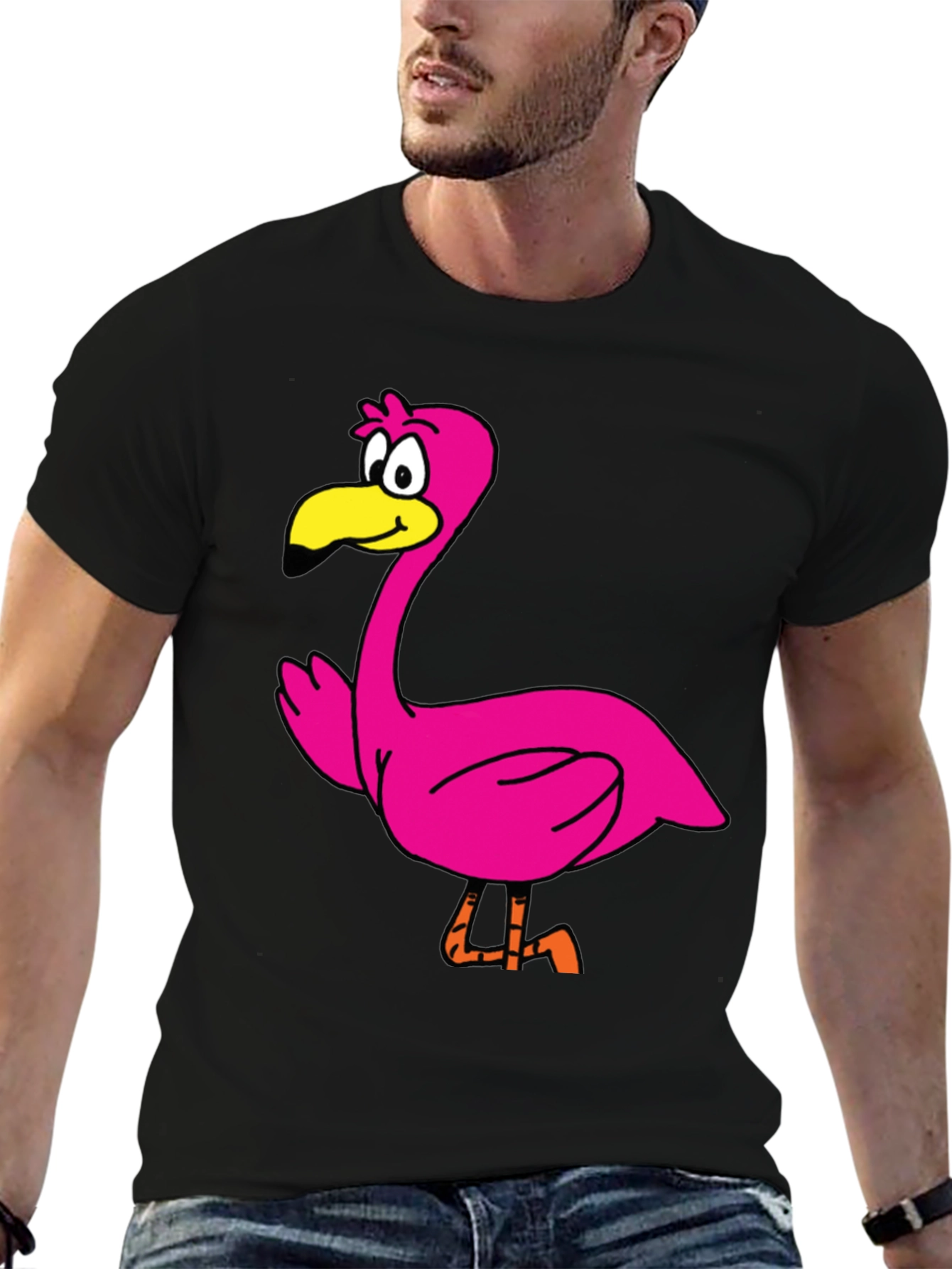 Black Cartoon Flamingo Graphic Tee - Black Unisex T-Shirt view 6