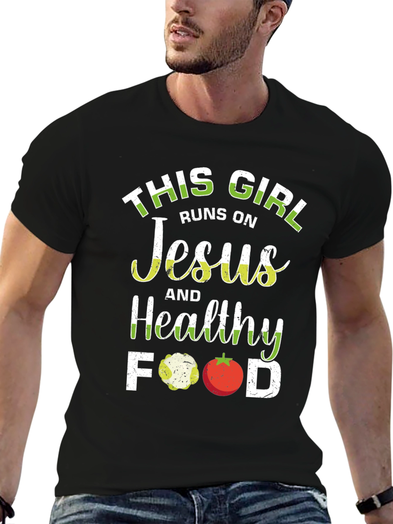 Black This Girl Runs on Jesus and Healthy Food T-Shirt view 6