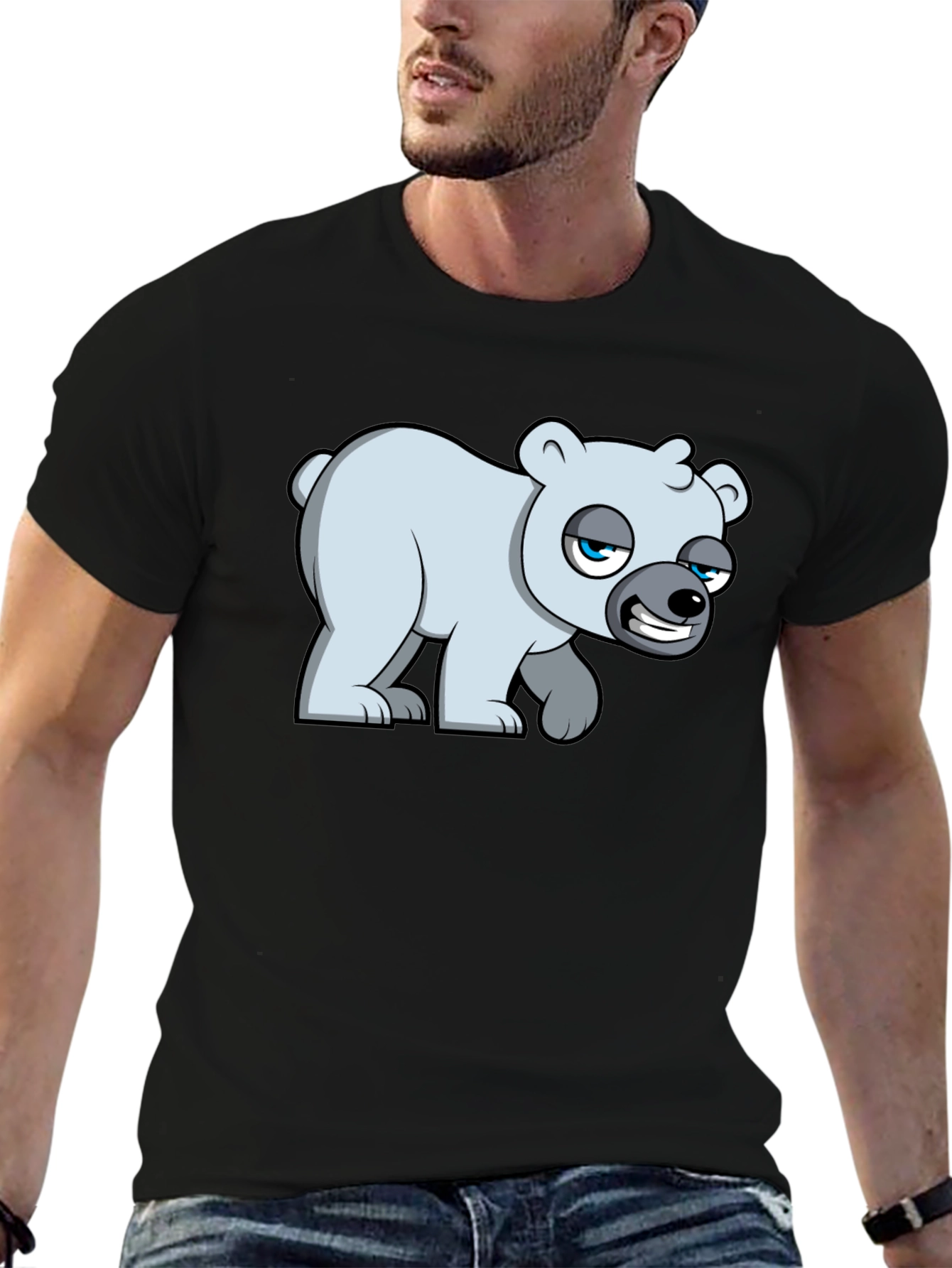Black Cartoon Polar Bear Graphic T-Shirt - Black Cotton Blend view 6