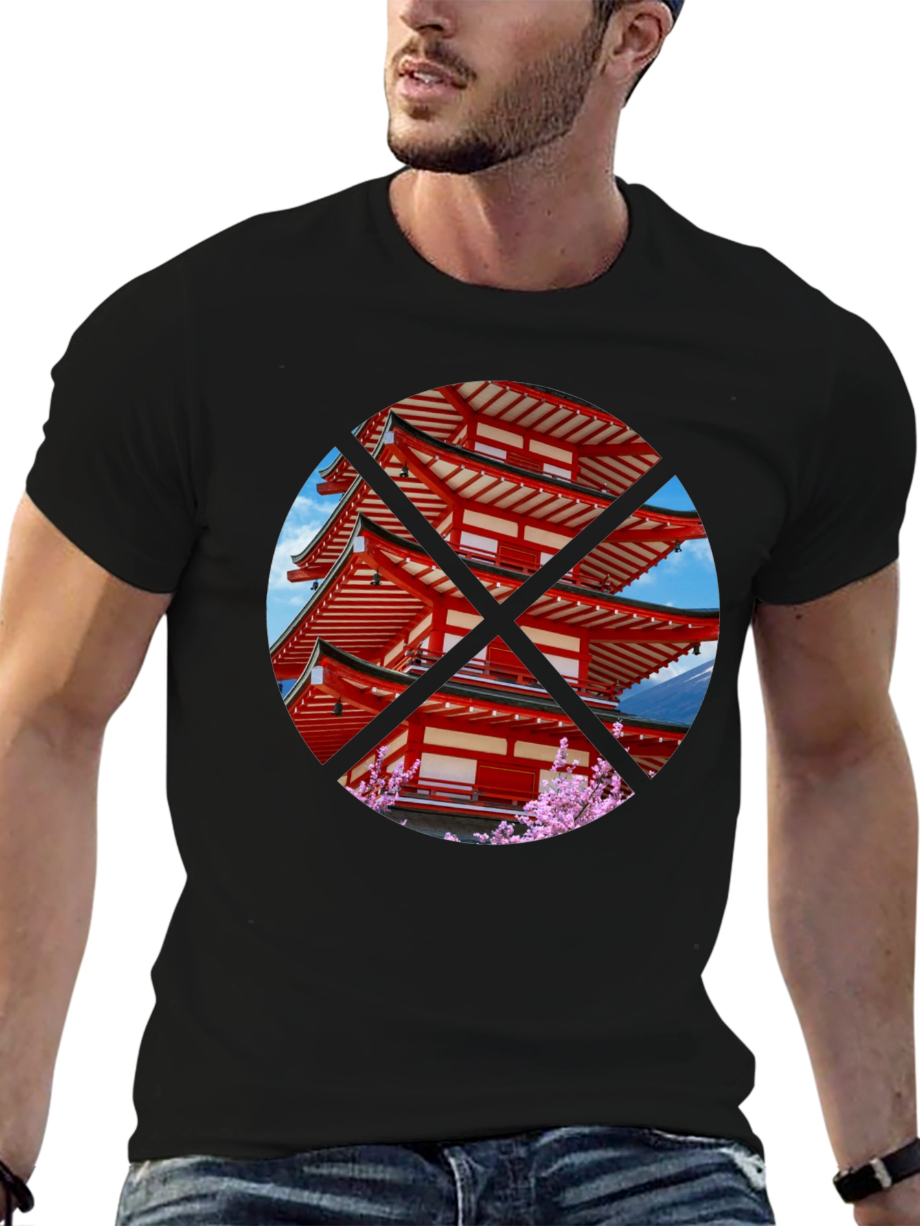 Black Japanese Pagoda T-Shirt - Black Crew Neck Tee view 6