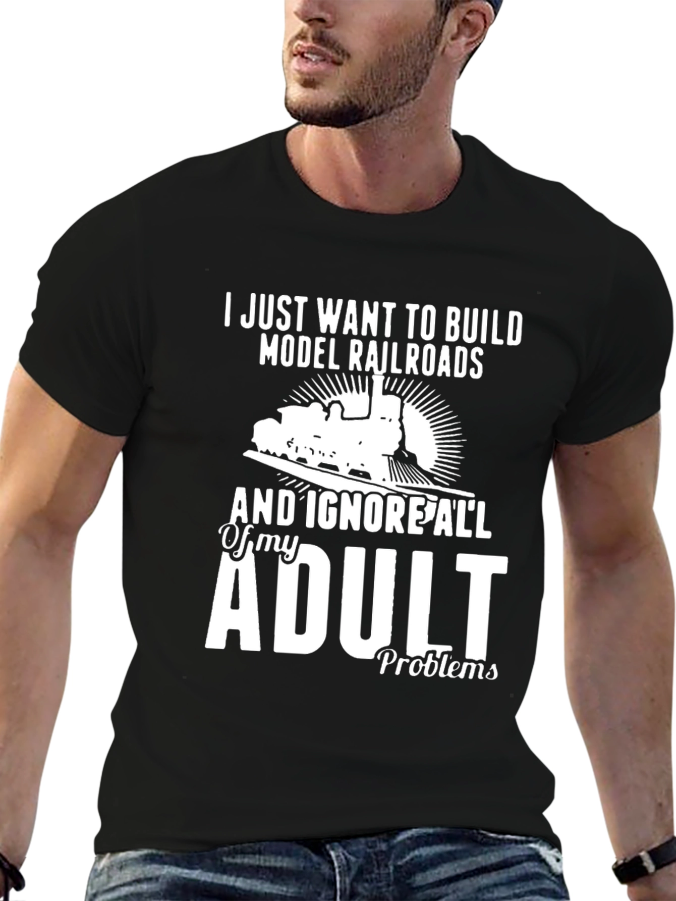Black Model Railroads Adult Problems T-Shirt view 6