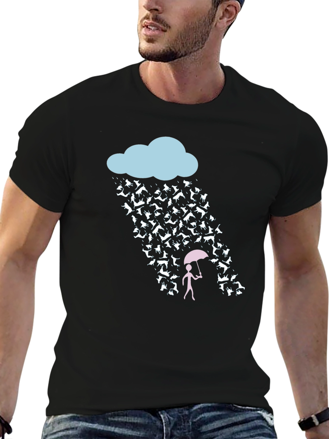 Black Raining Cats and Dogs Funny Graphic Tee view 6