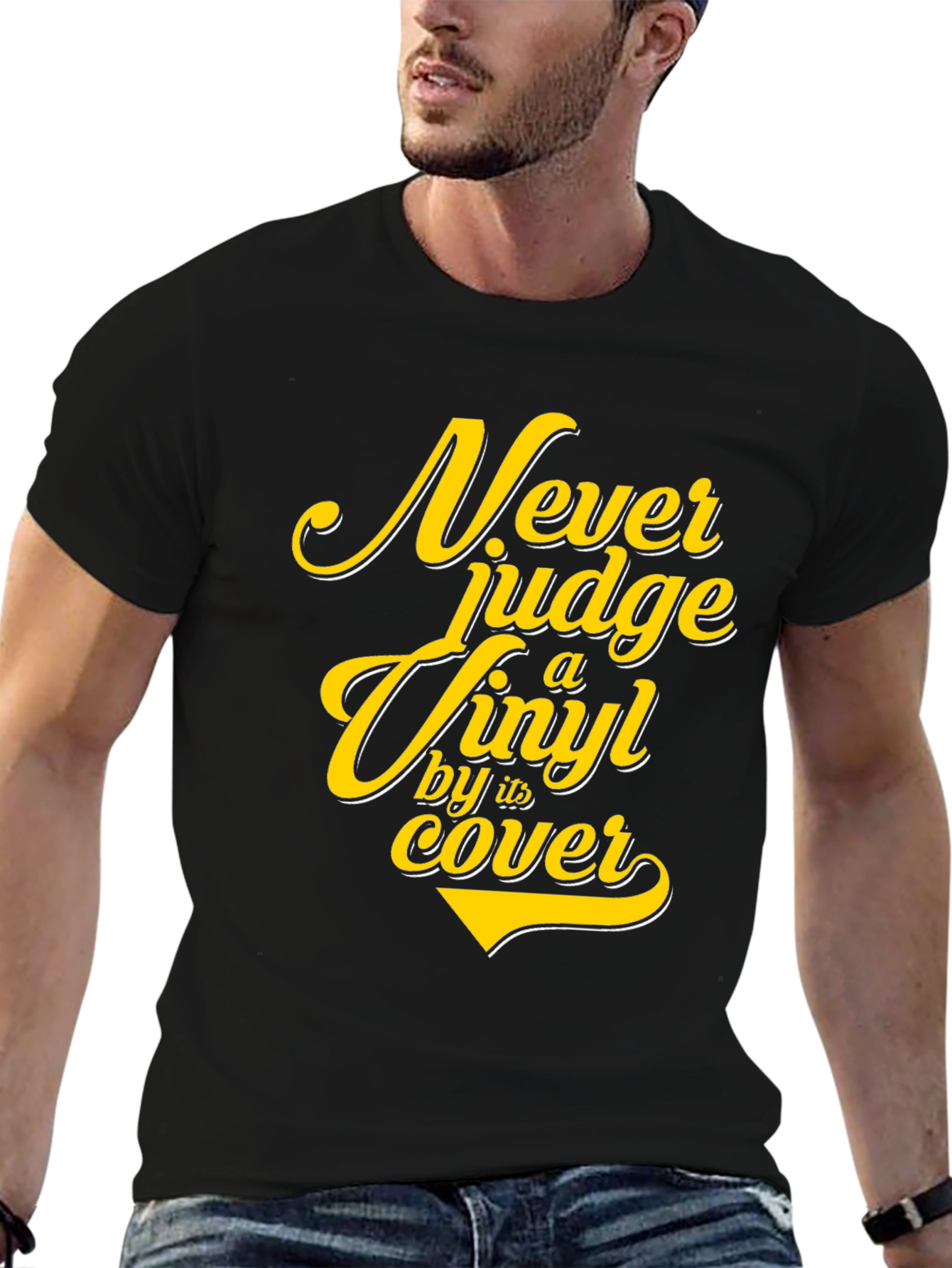 Black Vinyl Lover's Tee: Never Judge a Vinyl by its Cover T-Shirt view 6