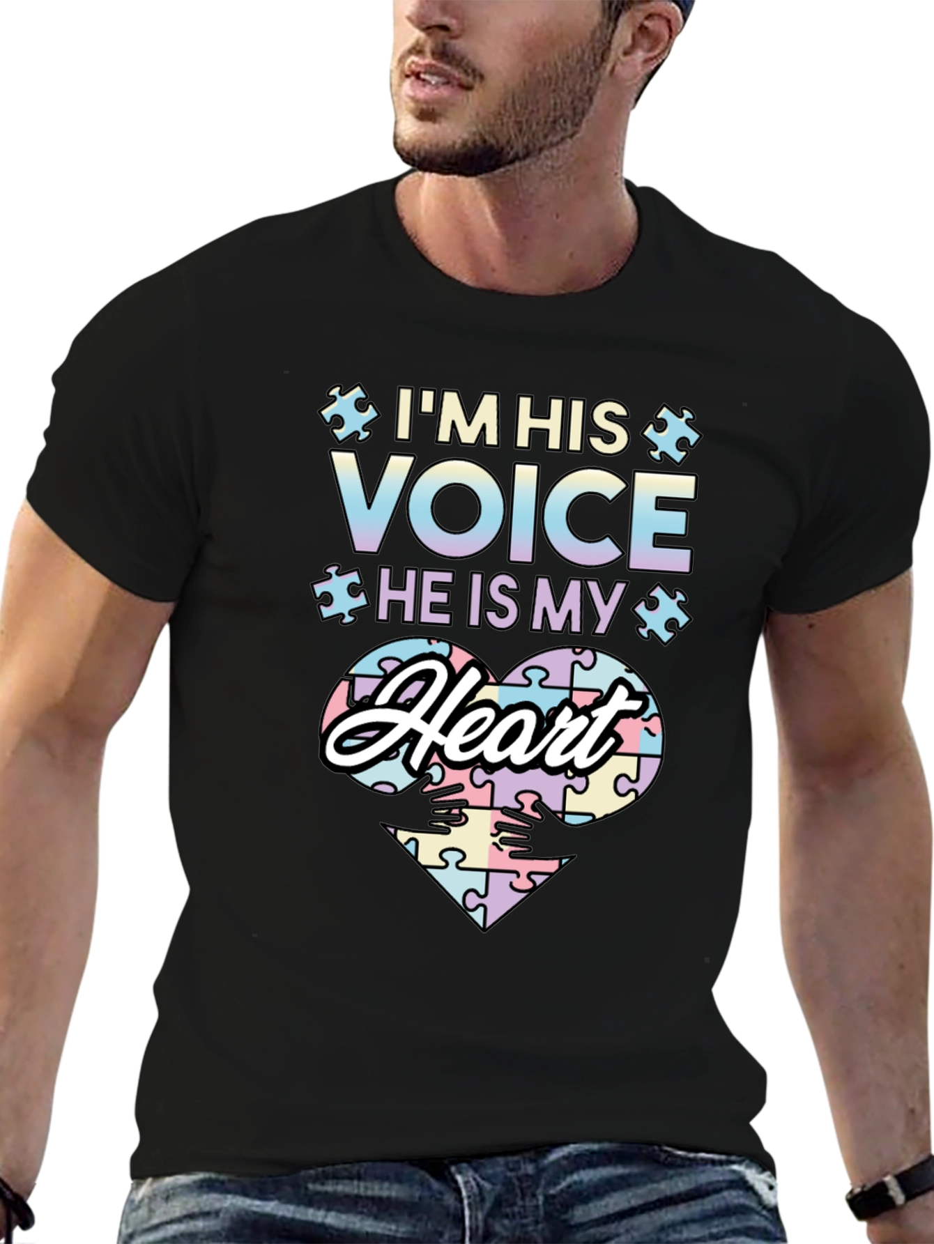 Black Autism Awareness T-Shirt I'm His Voice He Is My Heart view 6