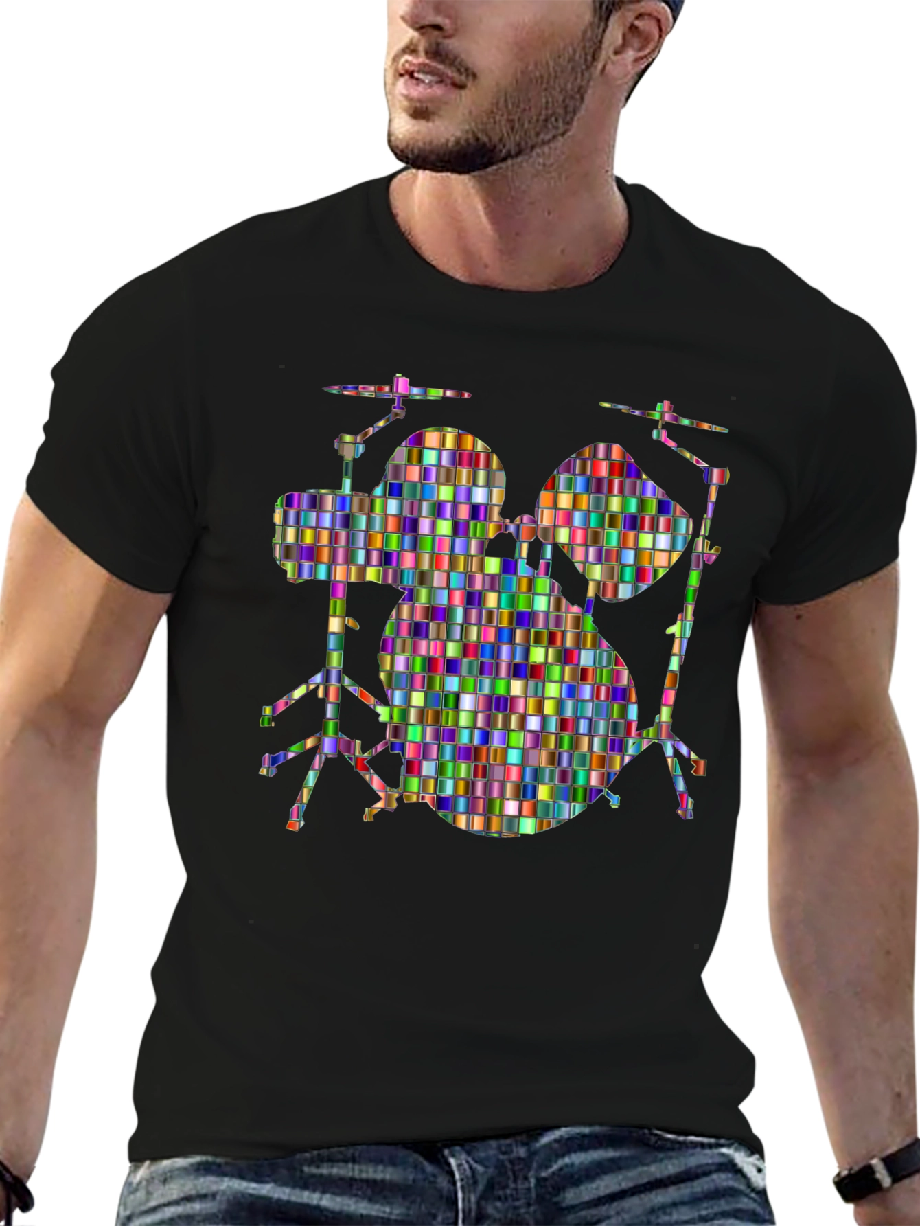 Black Colorful Drum Set Graphic Tee - Black Cotton T-Shirt view 6