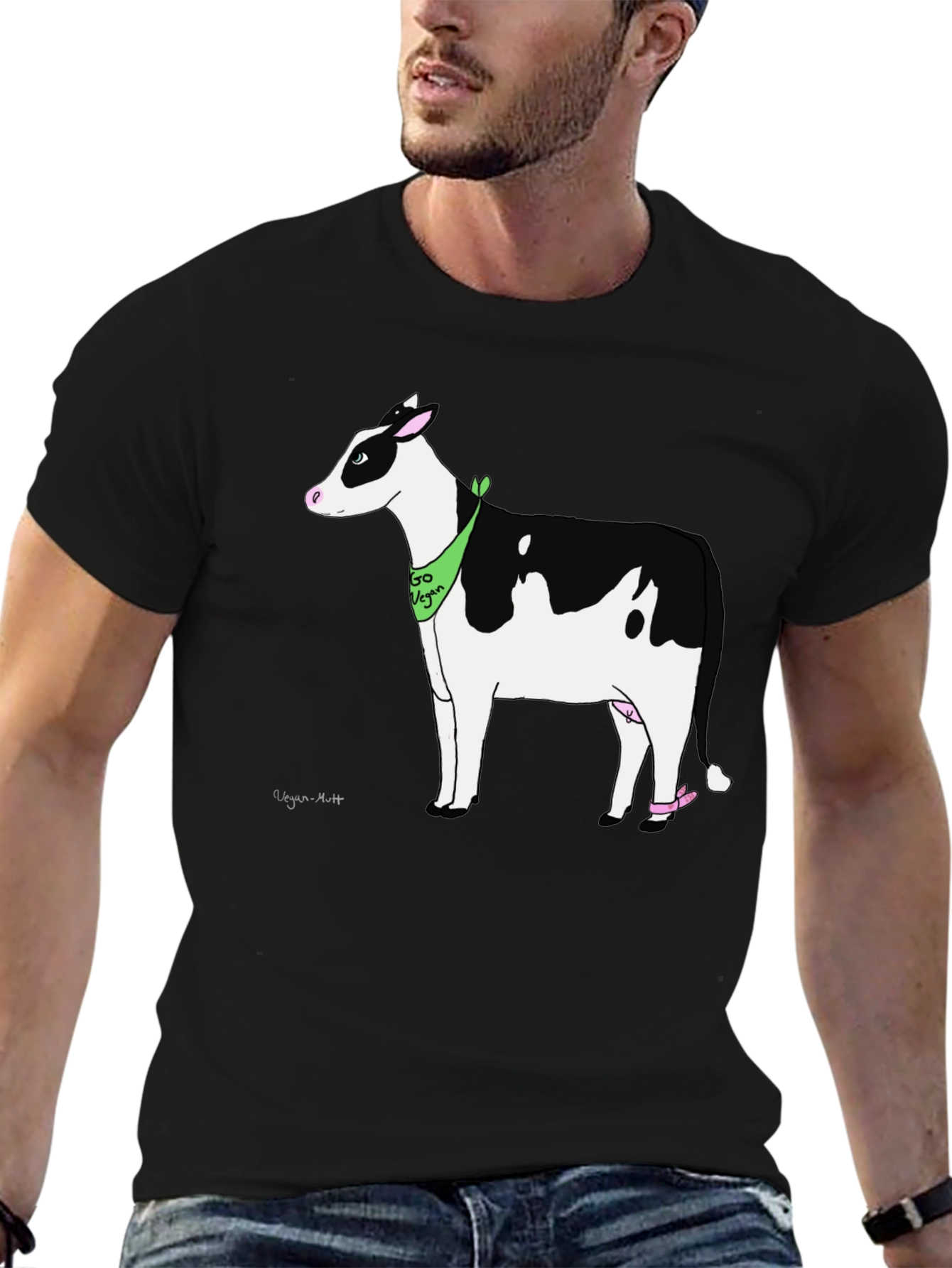 Black Vegan Cow Graphic T-Shirt - Black Cotton Tee view 6