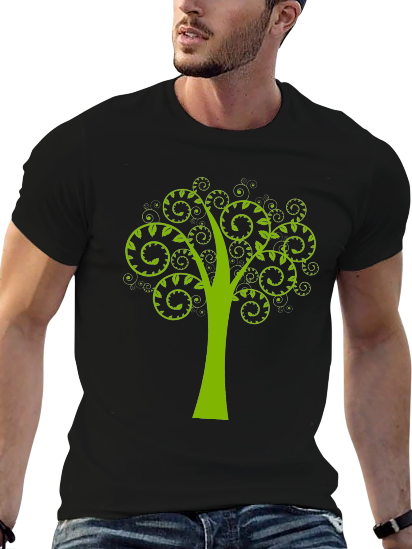 Black Green Tree Swirl Graphic Black T-Shirt view 6