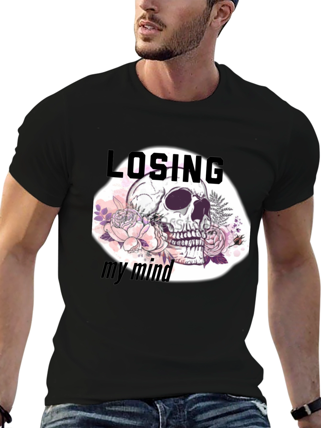 Black Losing My Mind Skull Graphic T-Shirt view 6