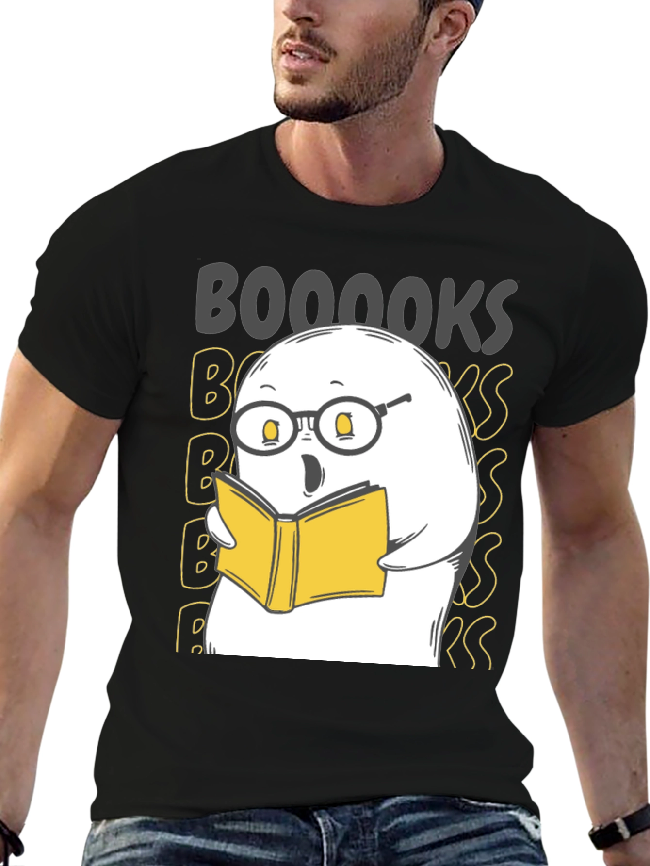 Black Funny Ghost Reading Book T-Shirt - BOOOOOKS! view 6