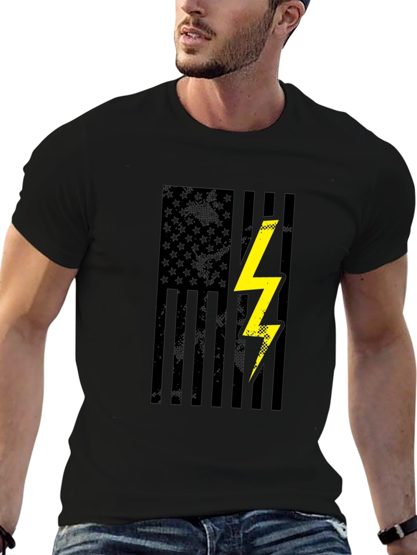 Black American Flag Lightning Bolt Graphic T-Shirt view 6