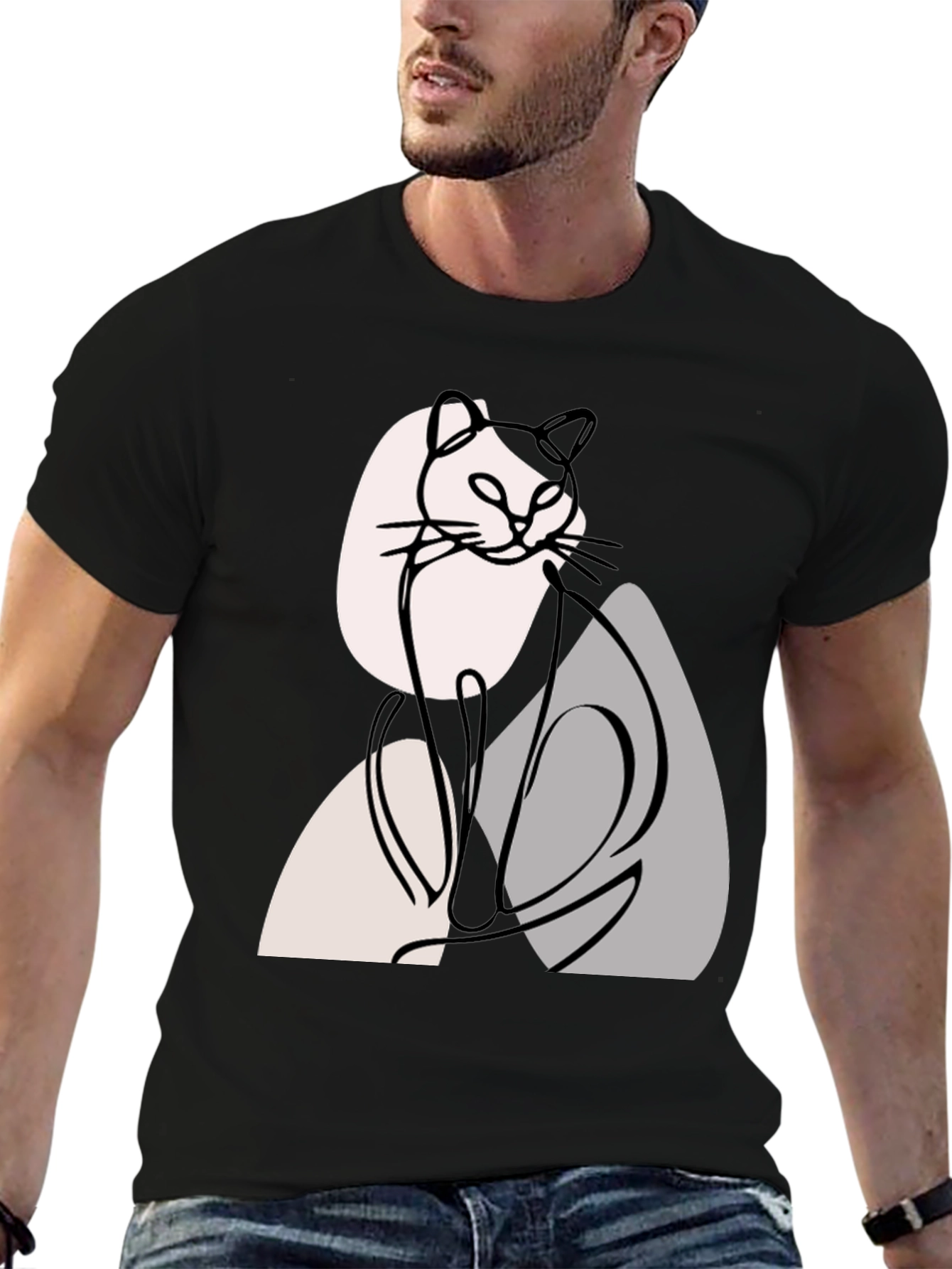 Black Abstract Cat Graphic Tee - Modern Line Art view 6