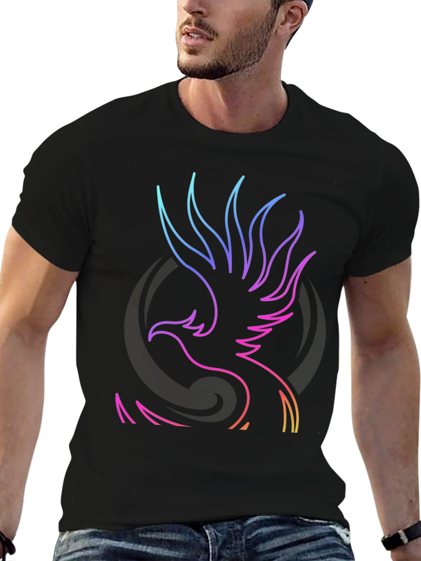 Black Neon Phoenix Graphic Black T-Shirt view 6