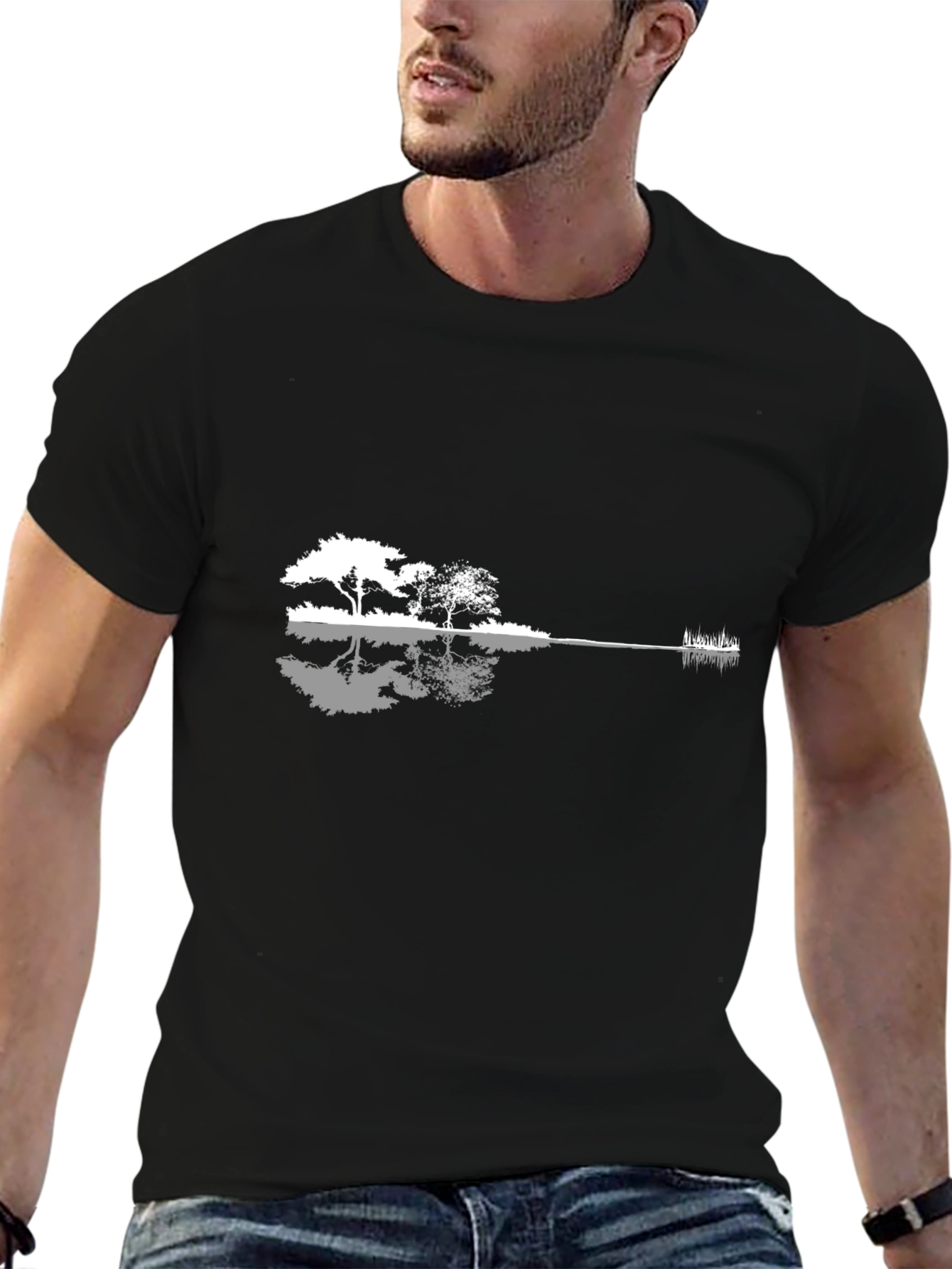 Black Guitar Landscape Graphic T-Shirt - Black Cotton Blend view 6