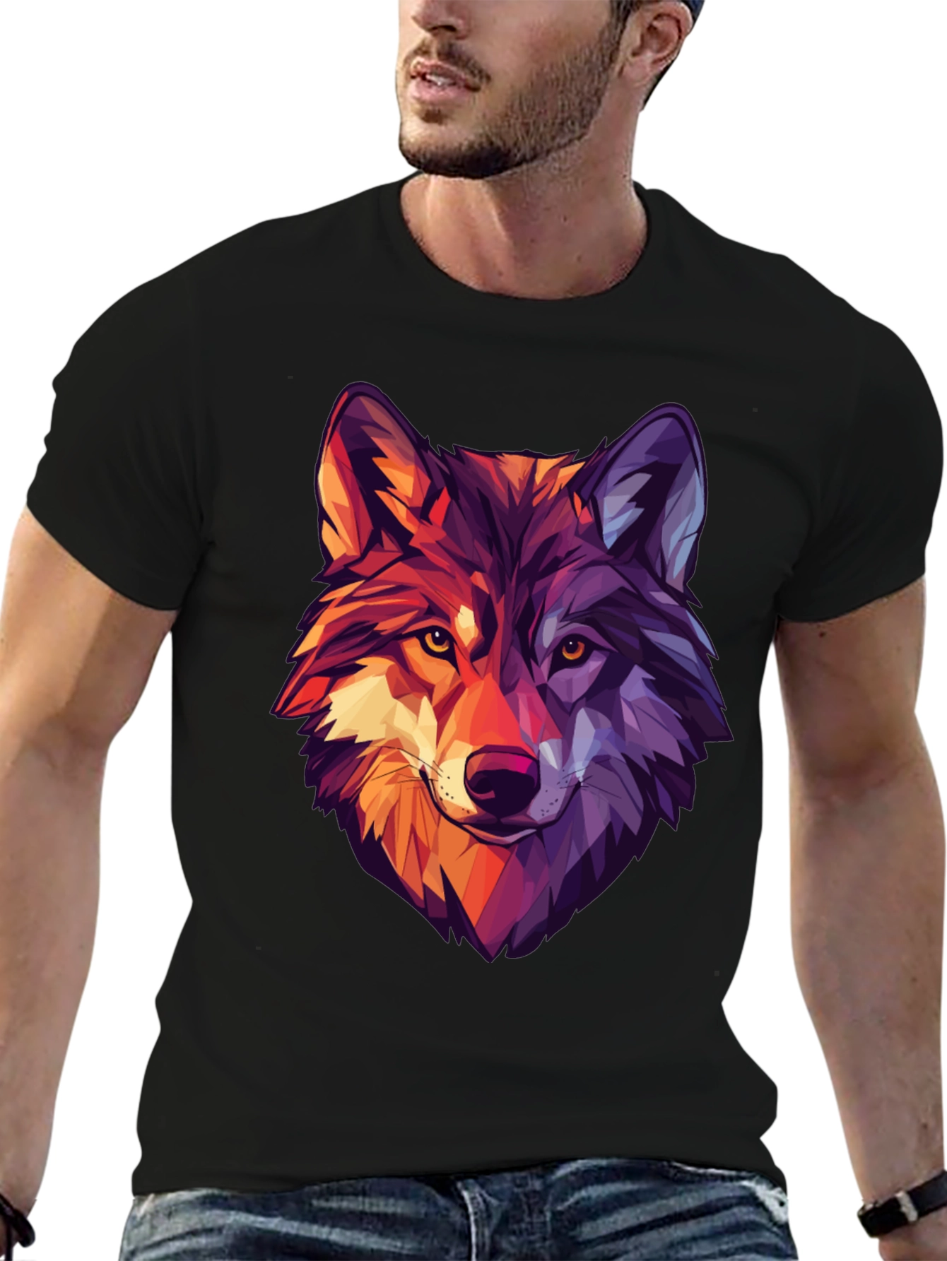 Black Geometric Wolf Graphic Print Black T-Shirt view 6