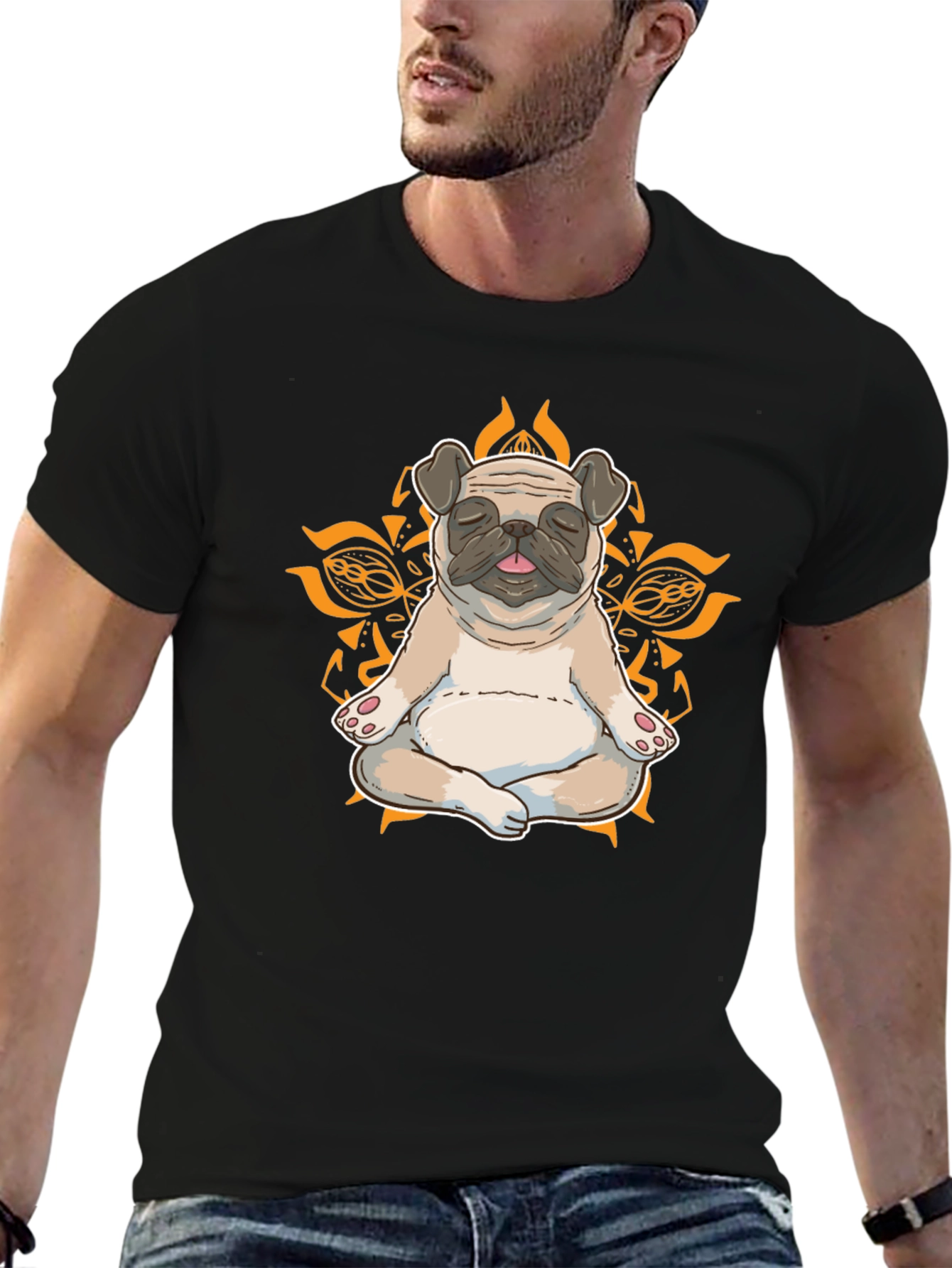 Black Zen Pug Graphic Tee - Meditating Dog Shirt view 6