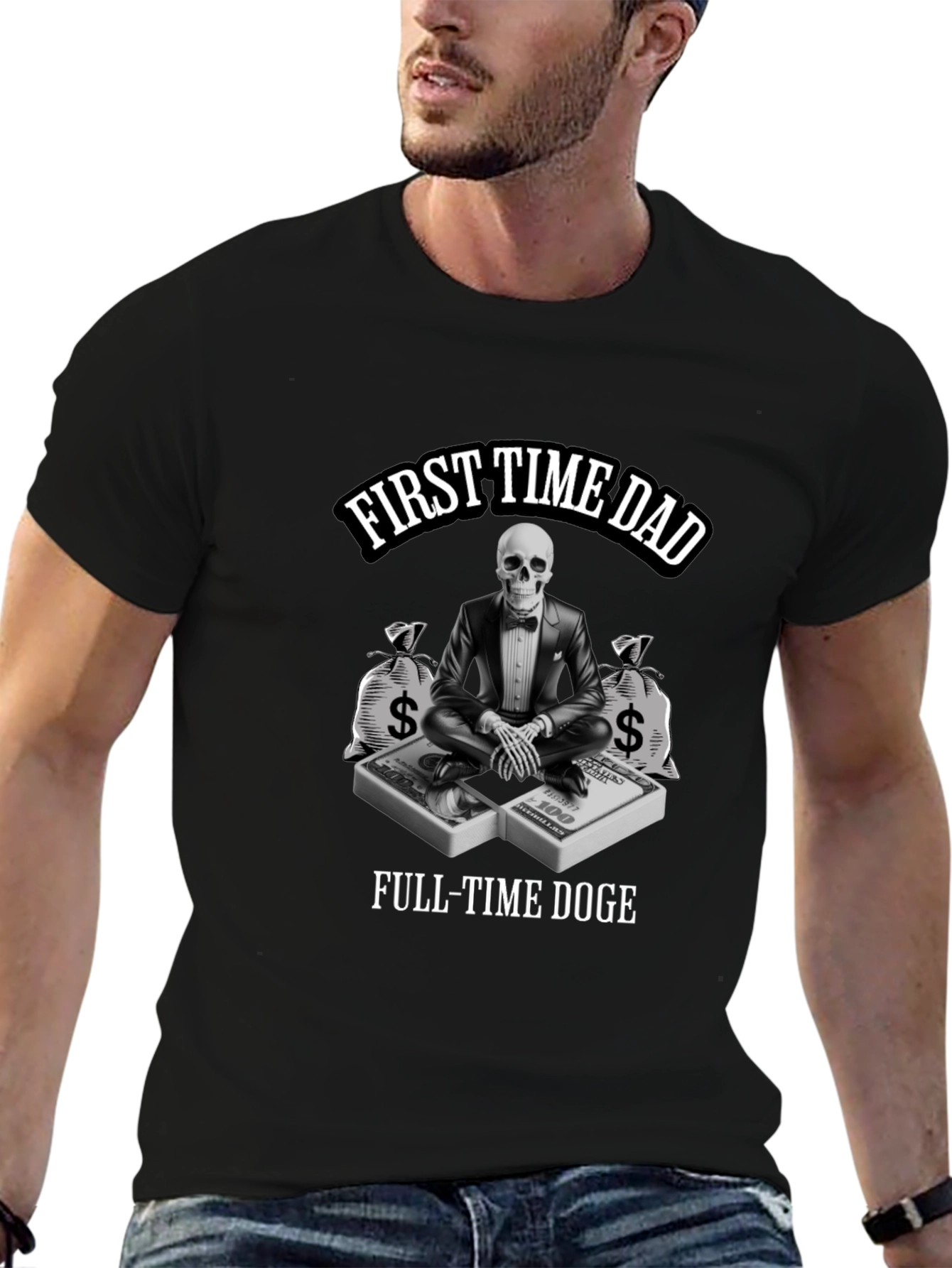 Black First Time Dad Full-Time Doge T-Shirt view 6