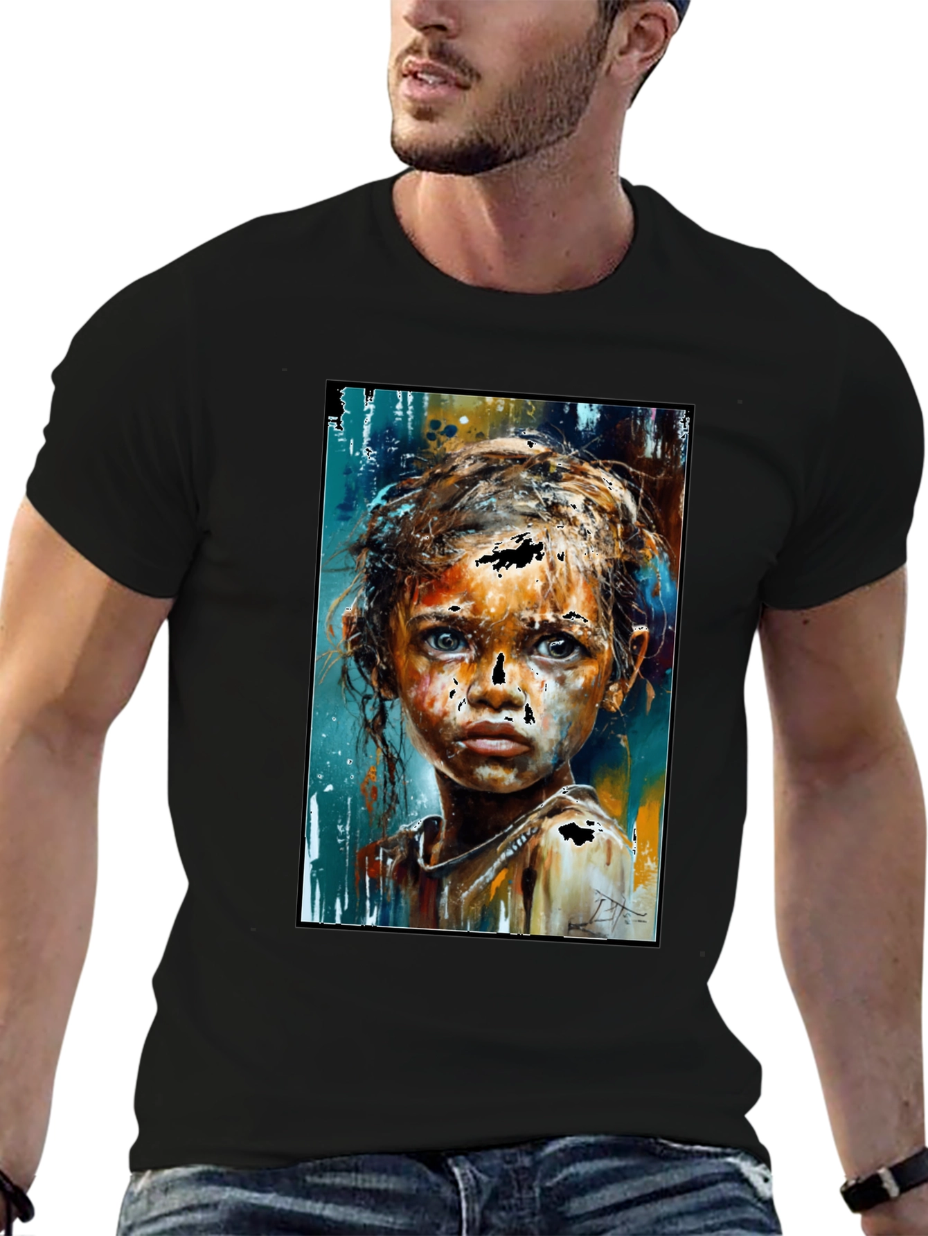 Black Expressive Portrait Graphic Black T-Shirt view 6